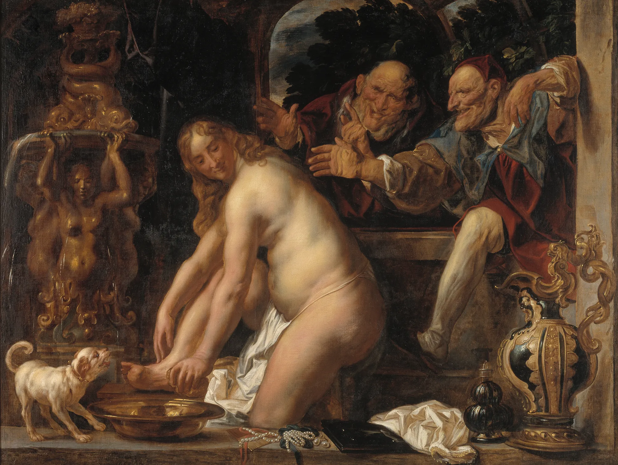 Susanna and the Elders Susanna and the Elders by Jacob Jordaens. A partially nude woman is shown bathing at a stone fountain while two older men watch her from behind a balcony wall.