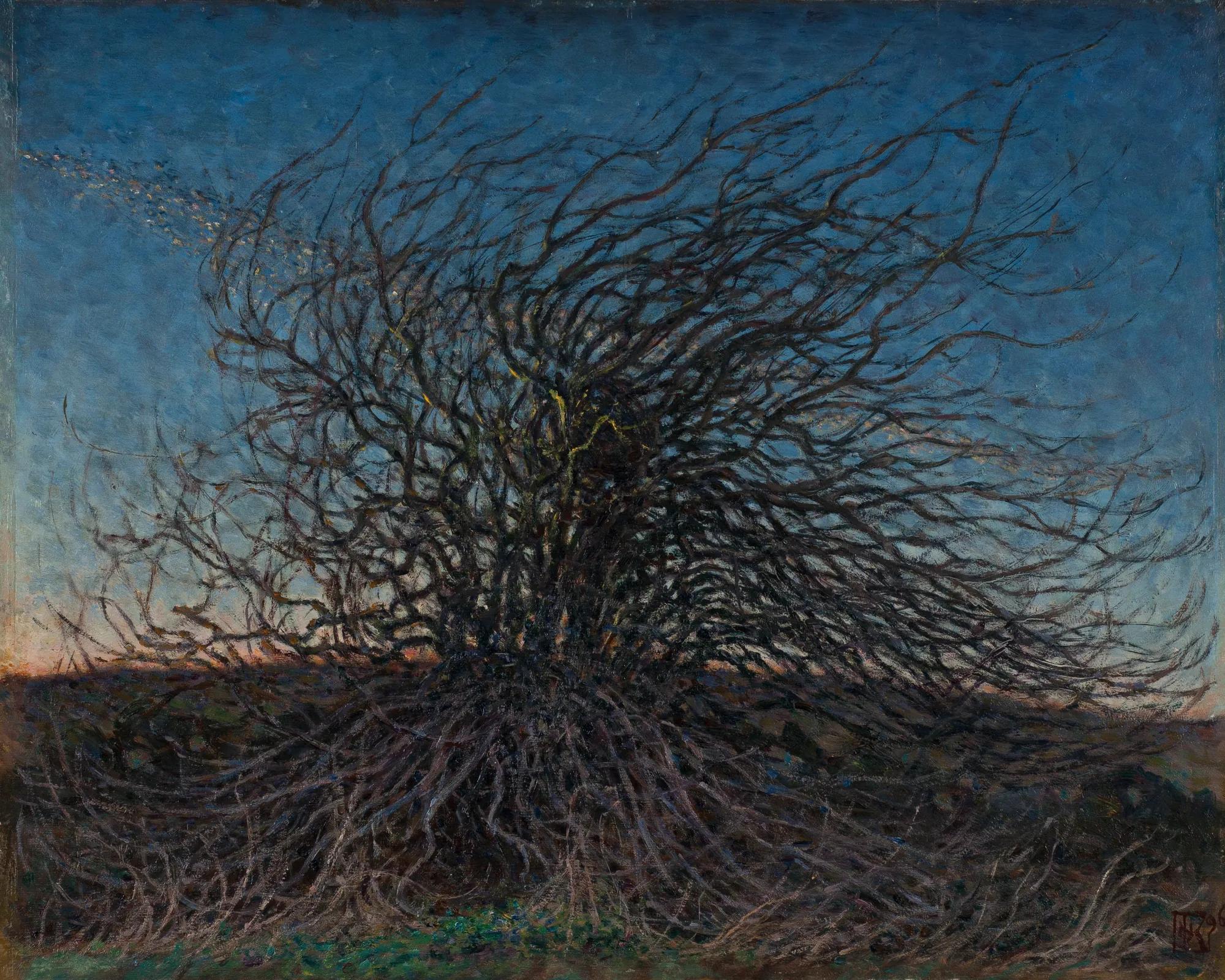 Vårafton (Spring Evening) Vårafton (Spring Evening) by Nils Kreuger. A dense mass of dark, bare branches silhouetted against a deep blue and pale orange twilight sky.