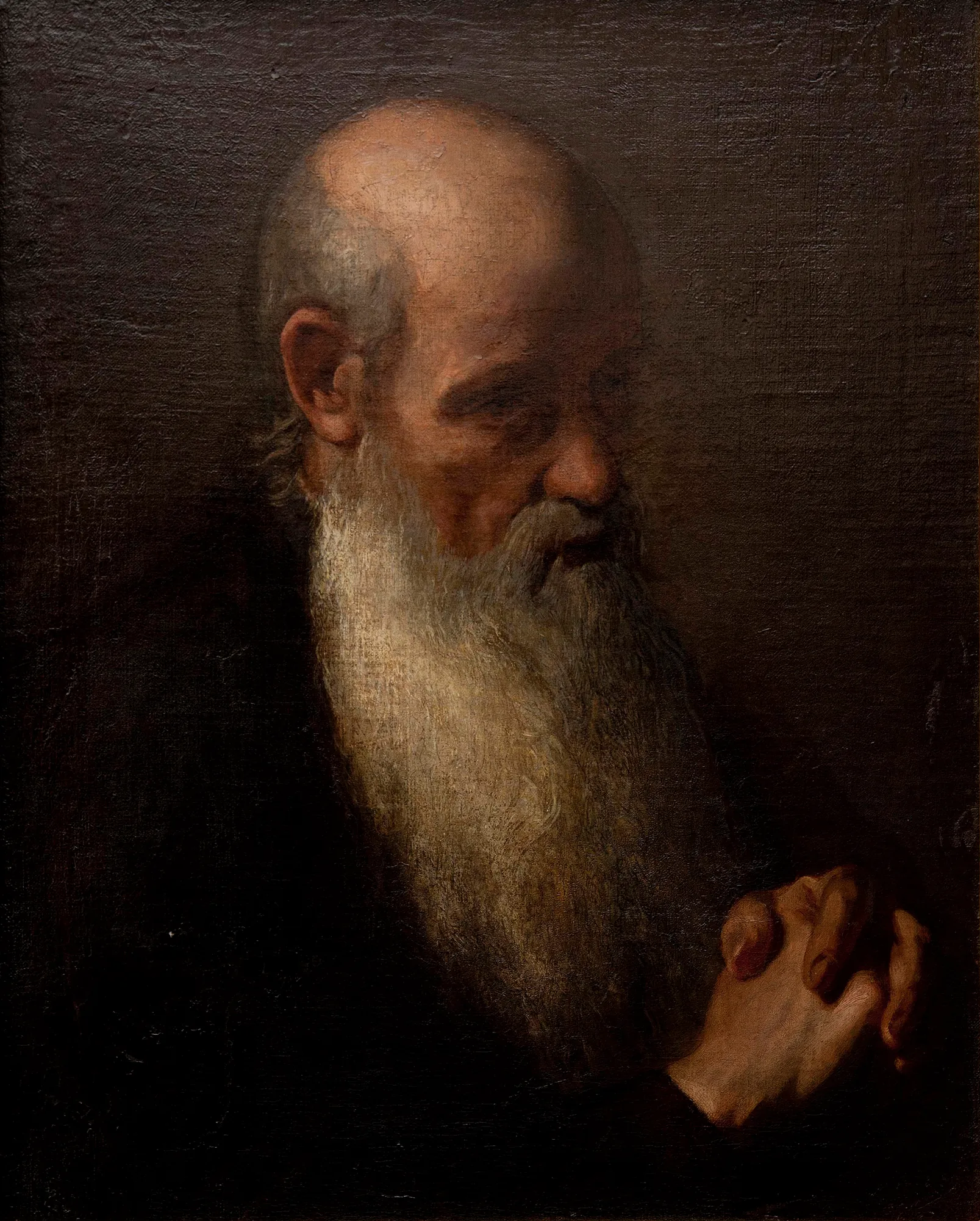 Old Man Old Man by Antoni Kolberg. A profile portrait of an elderly man with a long white beard and clasped hands against a dark background.