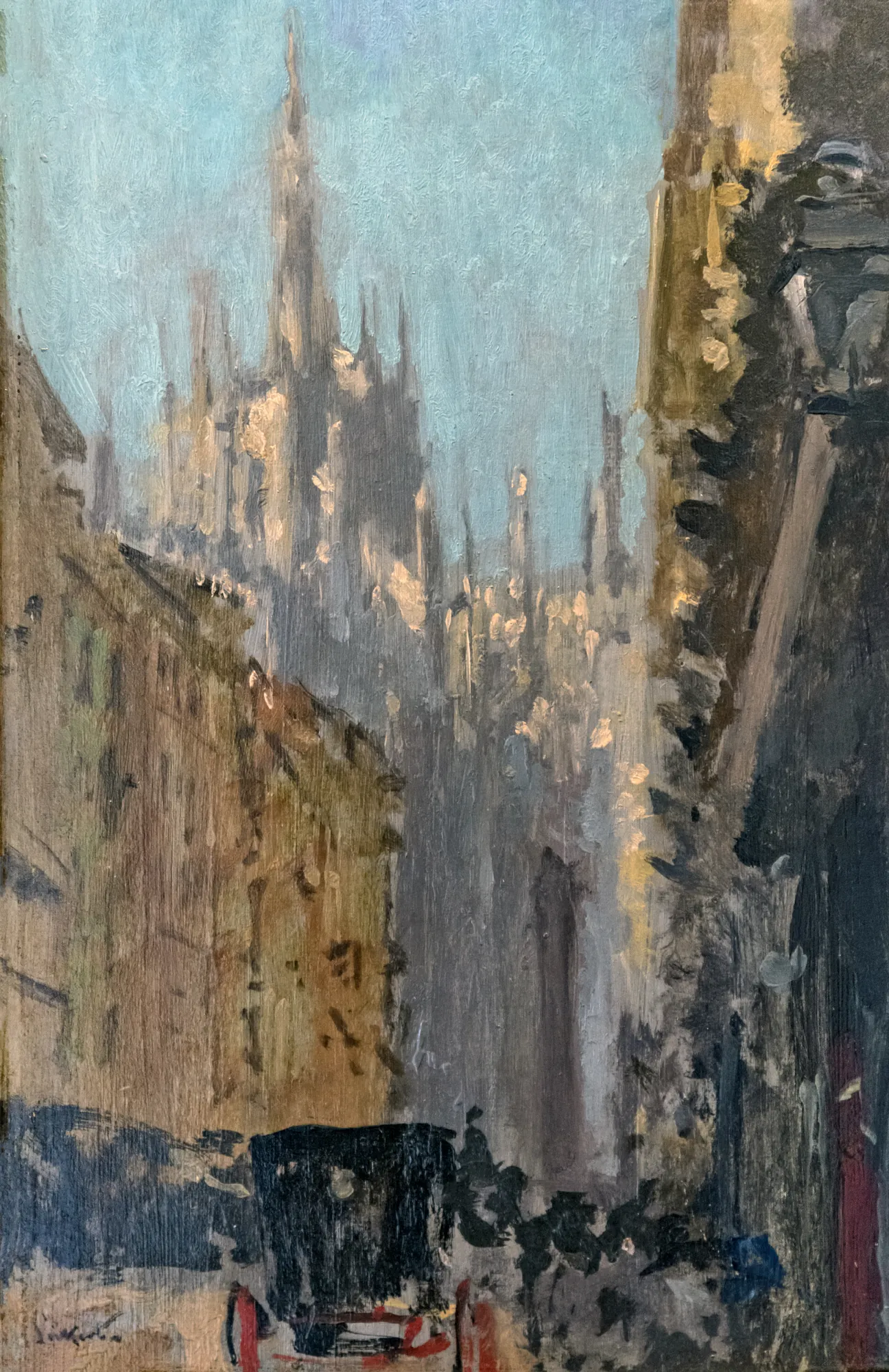 Milan Cathedral Milan Cathedral by Walter Sickert. An impressionistic oil painting depicting the spires of Milan Cathedral rising above a narrow city street with a horse-drawn carriage in the foreground.