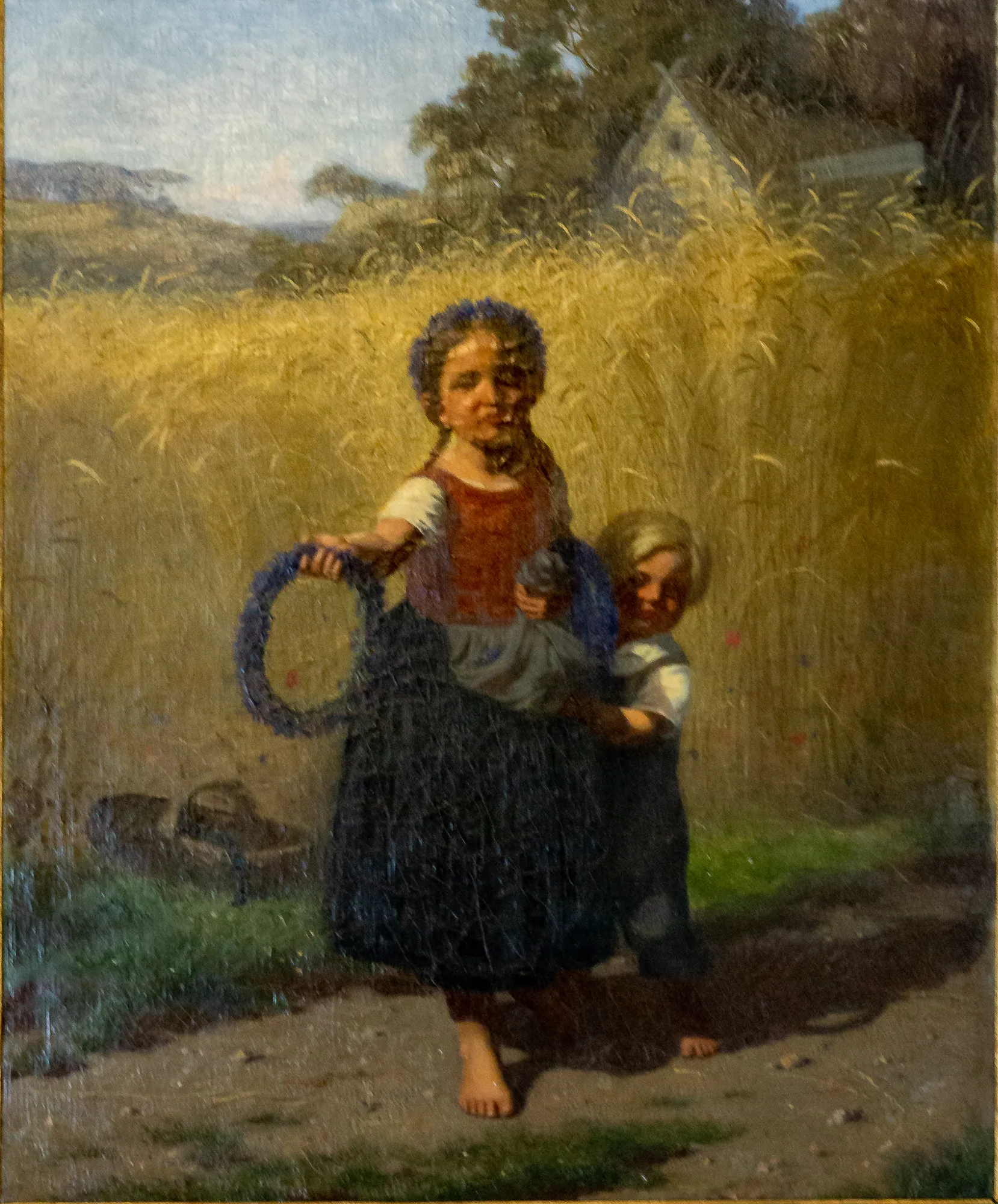 Children in the Grain Field Children in the Grain Field by Wilhelm Fechner. Two barefoot children walk along a path beside a tall field of golden grain, with a girl holding a blue floral wreath.