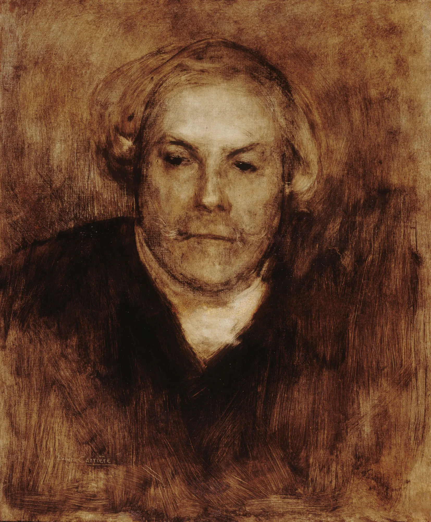Portrait d'Edmond de Goncourt Portrait d'Edmond de Goncourt by Eugène Carrière. A monochromatic brown-toned portrait of a man with light hair and a mustache, emerging from a soft, hazy background.