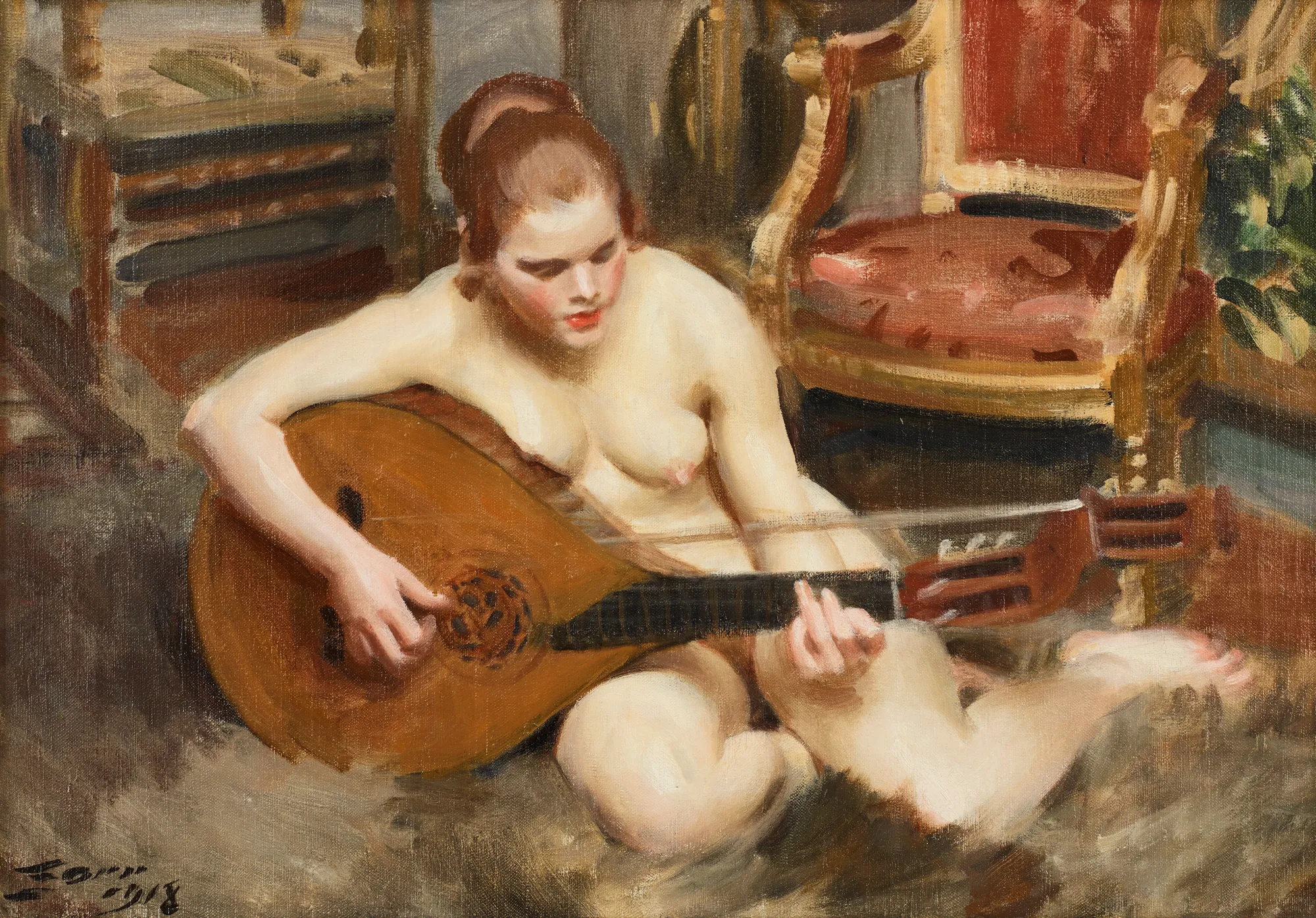 Lutenist Lutenist by Anders Zorn. An oil painting depicting a nude woman sitting on the floor playing a lute in a richly furnished room.