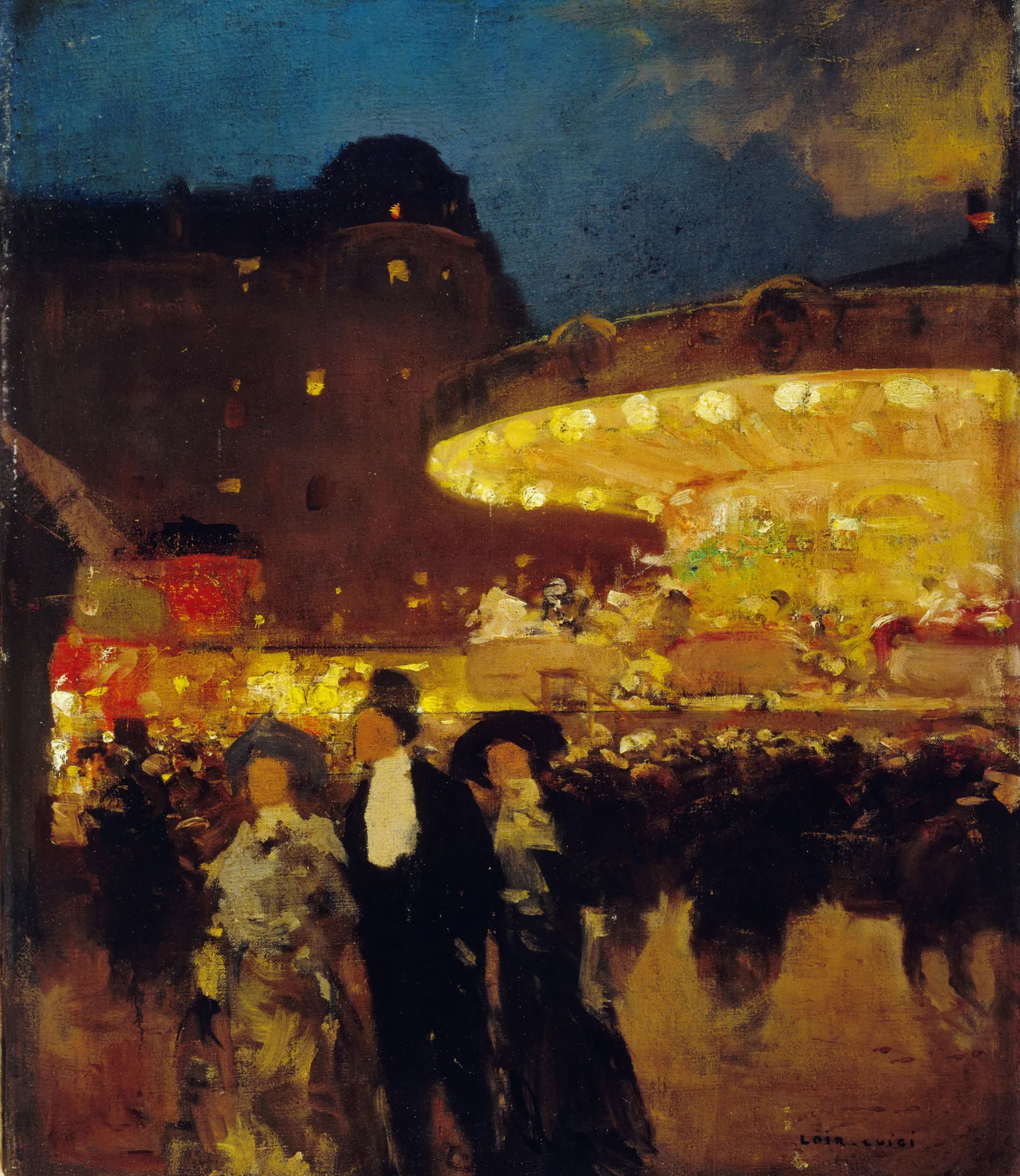 Le Manège Le Manège by Luigi Loir. An impressionist oil painting depicting a brightly glowing carousel at night, surrounded by shadowy figures and the dark silhouettes of city buildings.