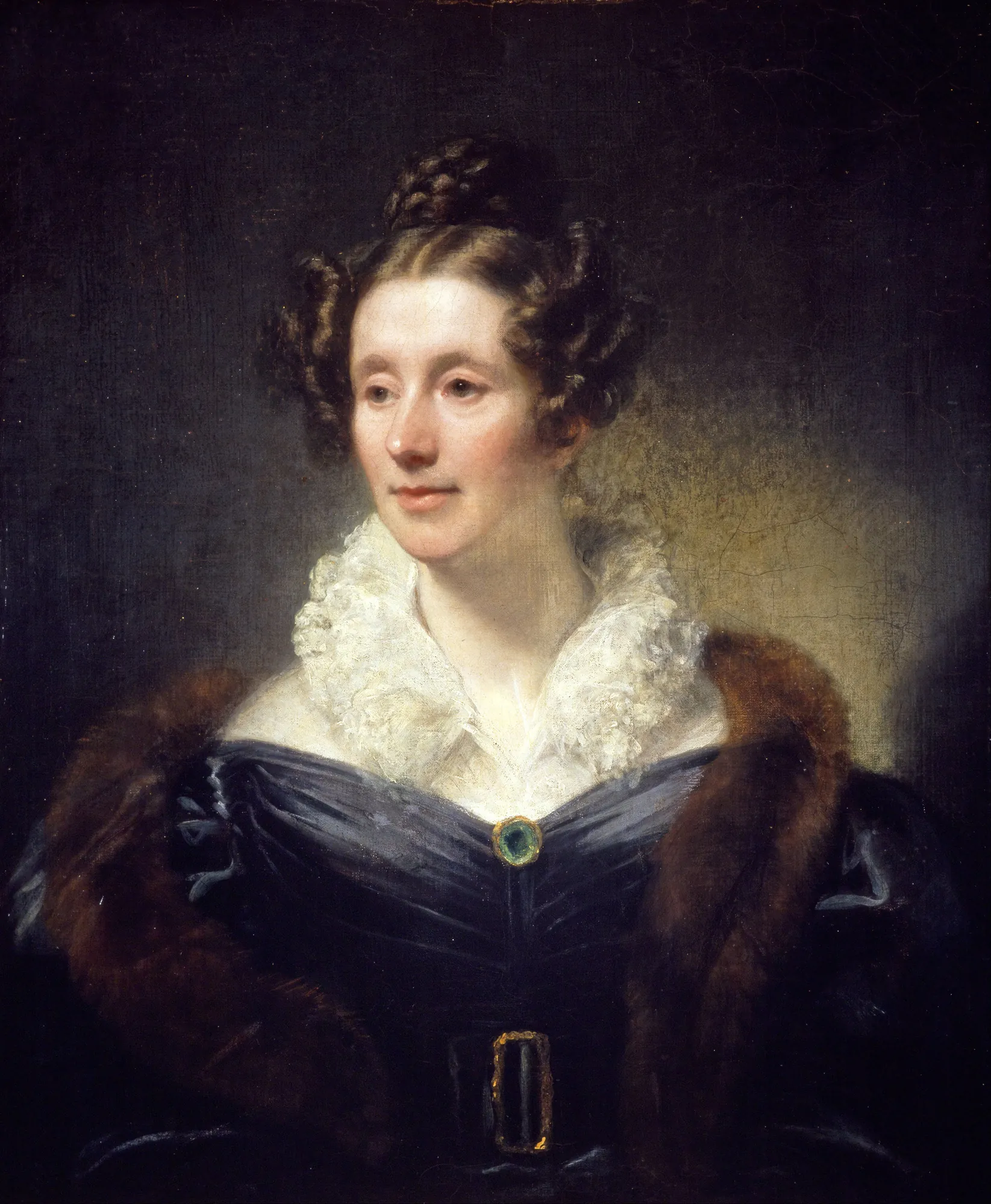 Mary Fairfax Mary Fairfax by Thomas Phillips. An oil portrait of a woman with dark curly hair wearing a deep blue dress with a white ruffled collar and a brown fur stole.