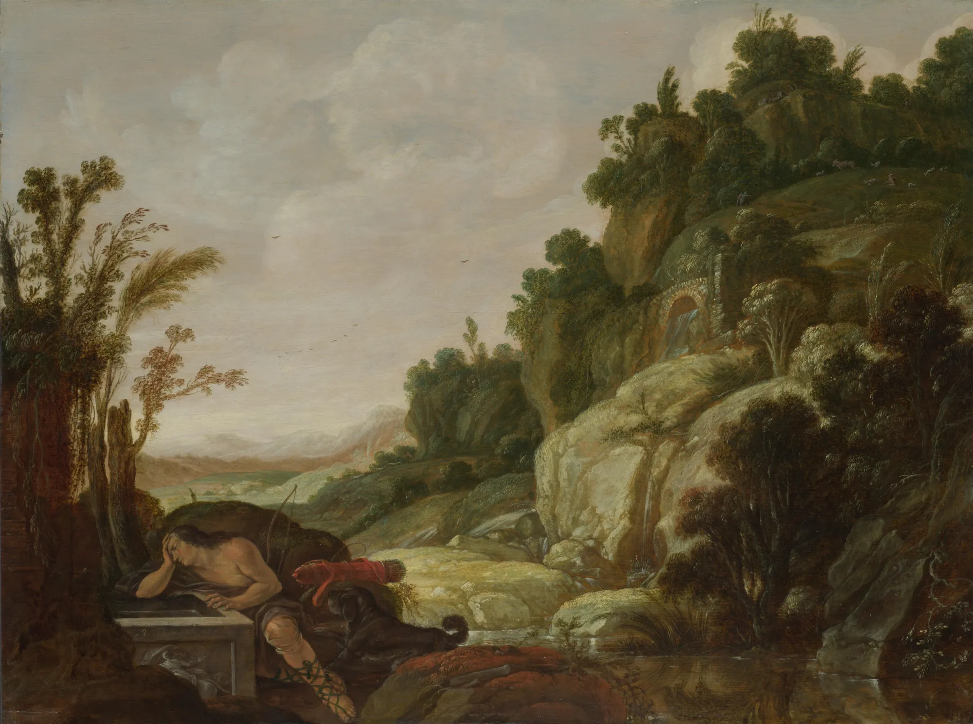 Mountain Landscape with Narcissus Mountain Landscape with Narcissus by Jacob Pynas. A mythological figure, Narcissus, sits by a pool gazing at his reflection in a rugged mountain landscape with a waterfall.