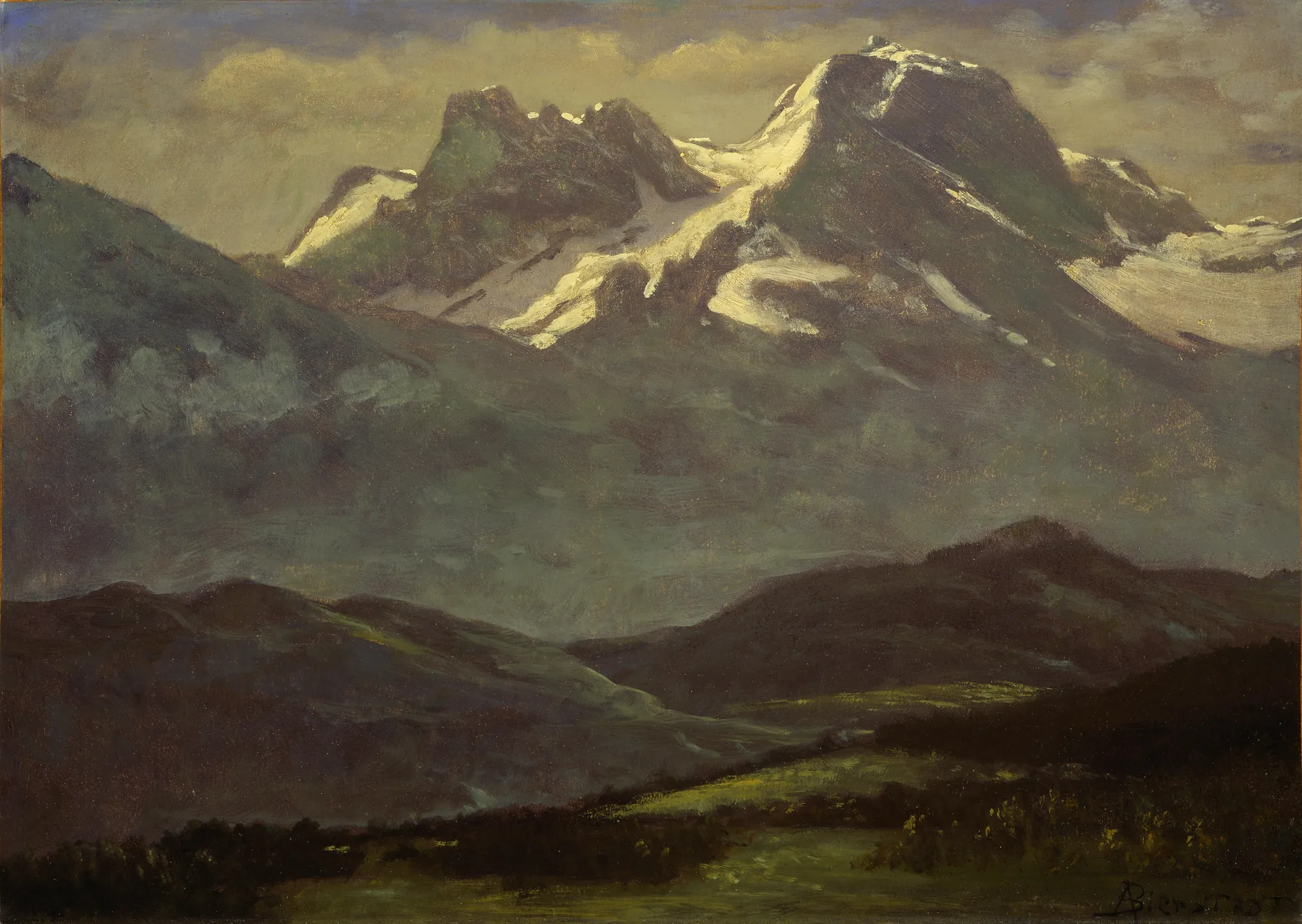 Summer Snow on the Peaks Summer Snow on the Peaks by Albert Bierstadt. A rugged, snow-dusted mountain peak towers over dark, rolling hills under a cloudy sky.