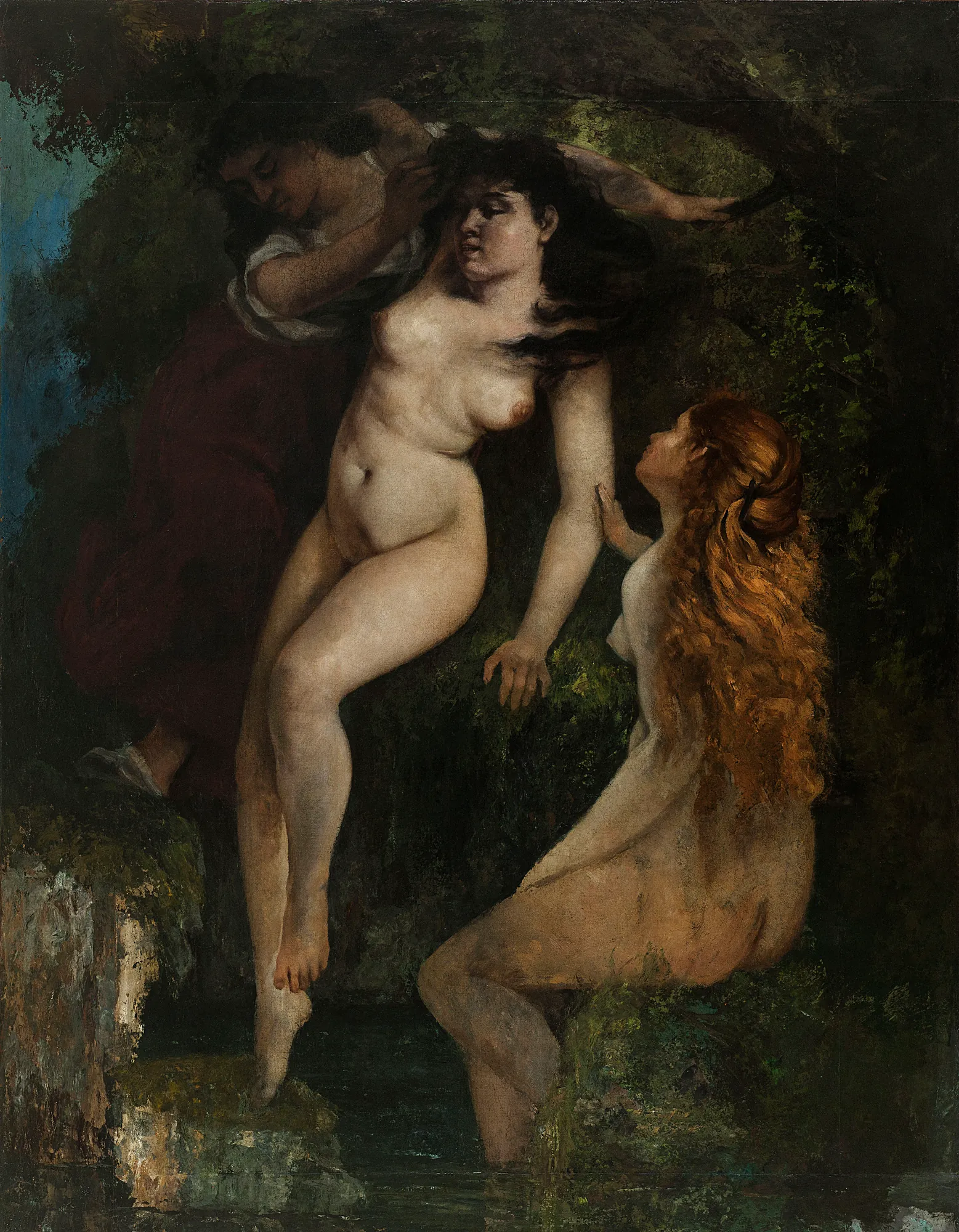 Three Bathers (Trois baigneuses) Three Bathers (Trois baigneuses) by Gustave Courbet. Three women are depicted in a dark, secluded forest grotto, with two shown nude or partially draped as they bath by a stream.