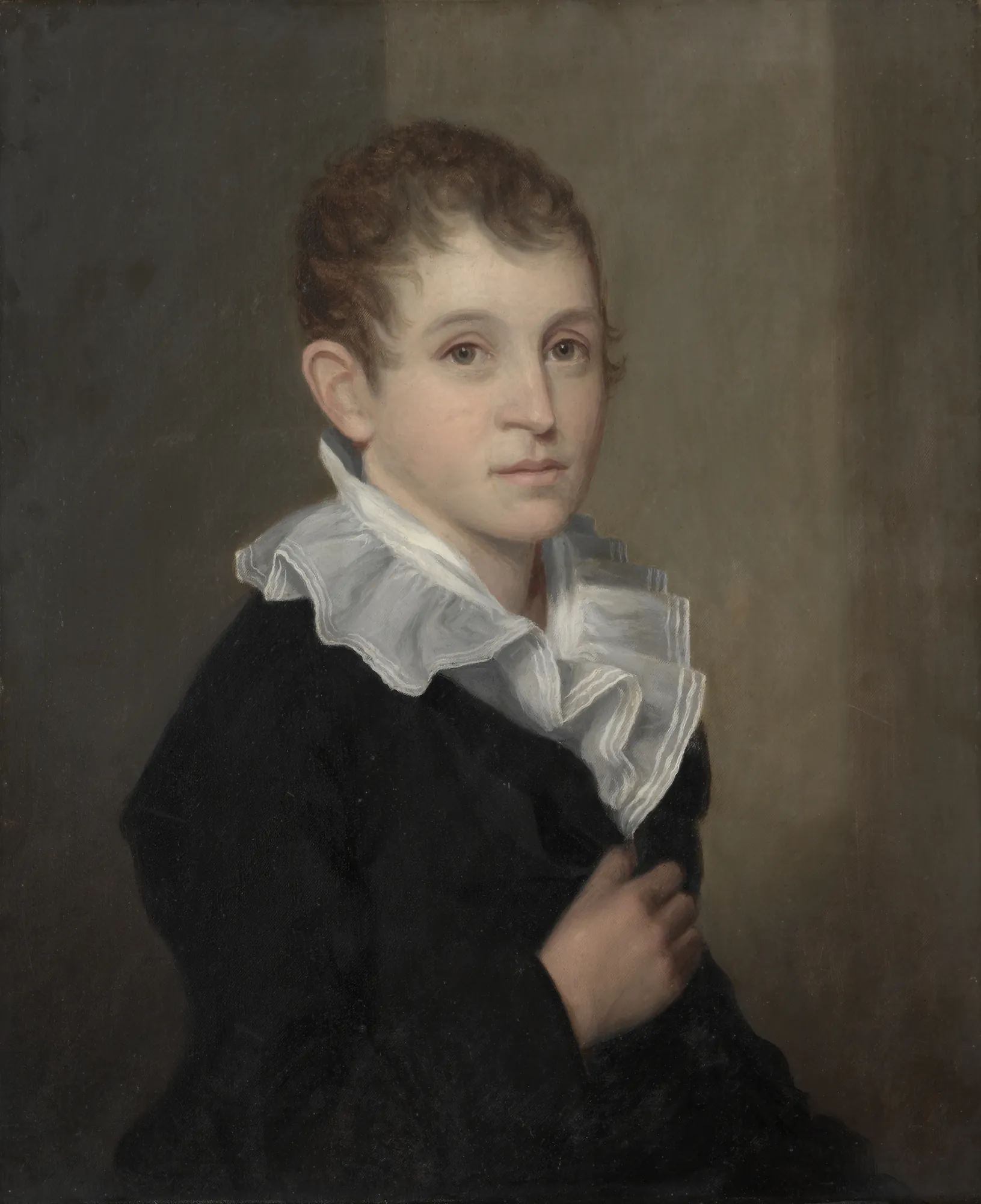Samuel Barber Clark Samuel Barber Clark by James Frothingham. A portrait of a young man with curly brown hair wearing a black jacket and a voluminous white ruffled collar against a muted brown background.