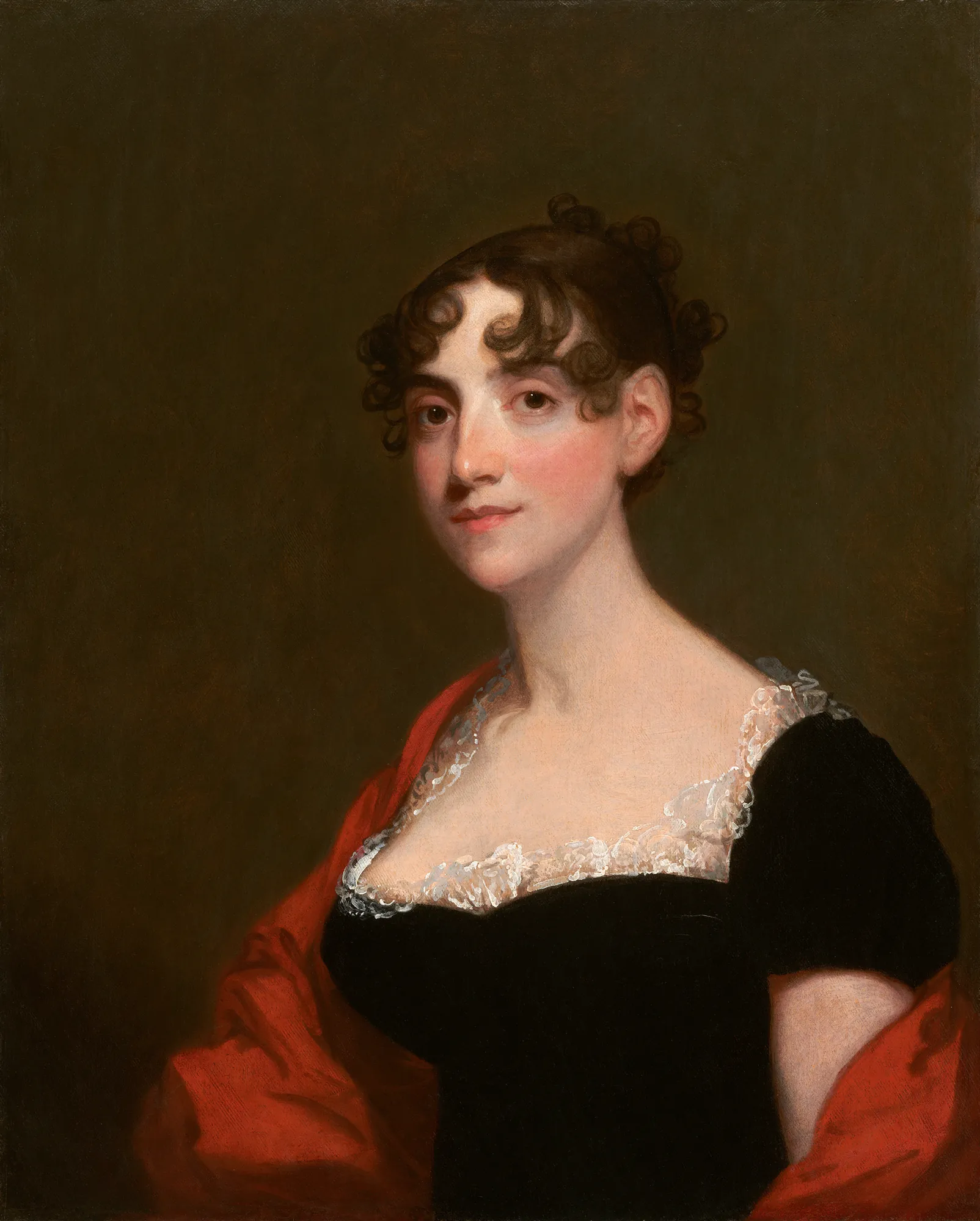 Ann Calvert Stuart Robinson (Mrs. William Robinson) Ann Calvert Stuart Robinson (Mrs. William Robinson) by Gilbert Stuart. A waist-up portrait of a young woman with dark curled hair, wearing a black low-cut dress with lace trim and a red shawl draped over her shoulders.