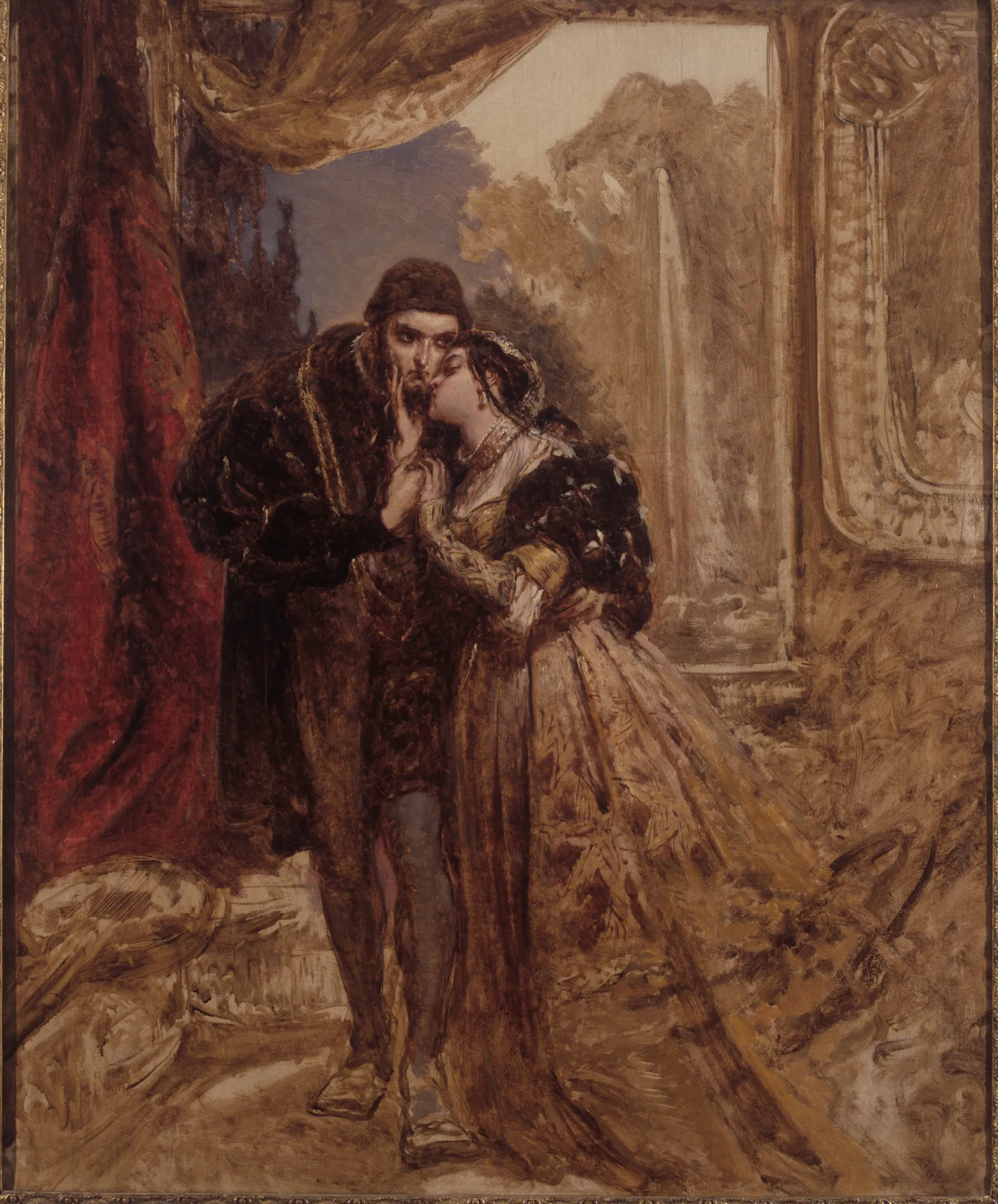 Sigismund Augustus and Barbara Radziwiłł Sigismund Augustus and Barbara Radziwiłł by Jan Matejko. An oil study depicting a man in dark robes embracing a woman in a gold and black gown within a dimly lit, sketchily rendered interior.