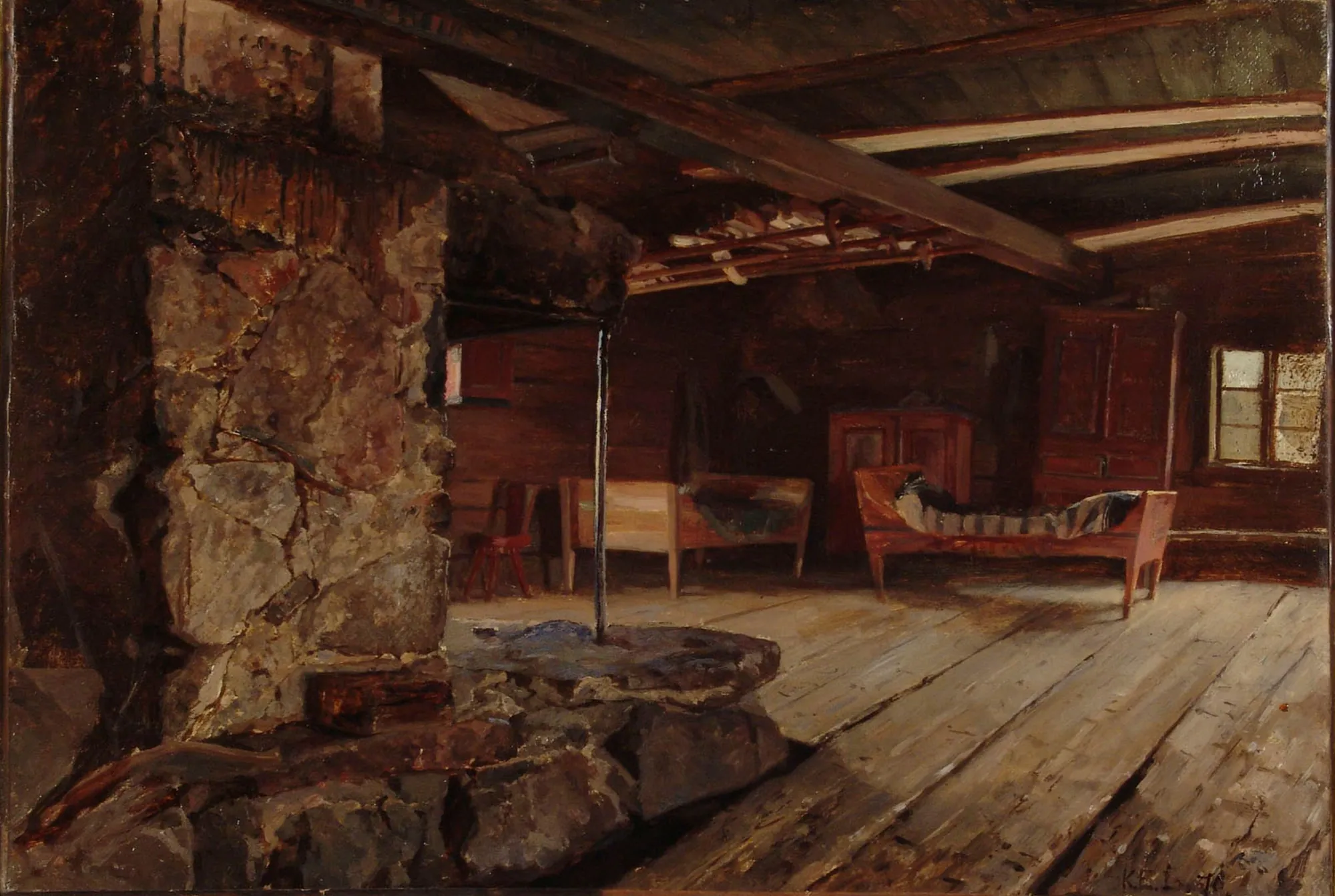 Interior of a Hut in Tavastia Interior of a Hut in Tavastia by Karl Jansson. A dimly lit interior of a traditional wooden hut featuring a large stone fireplace and simple wooden furniture.