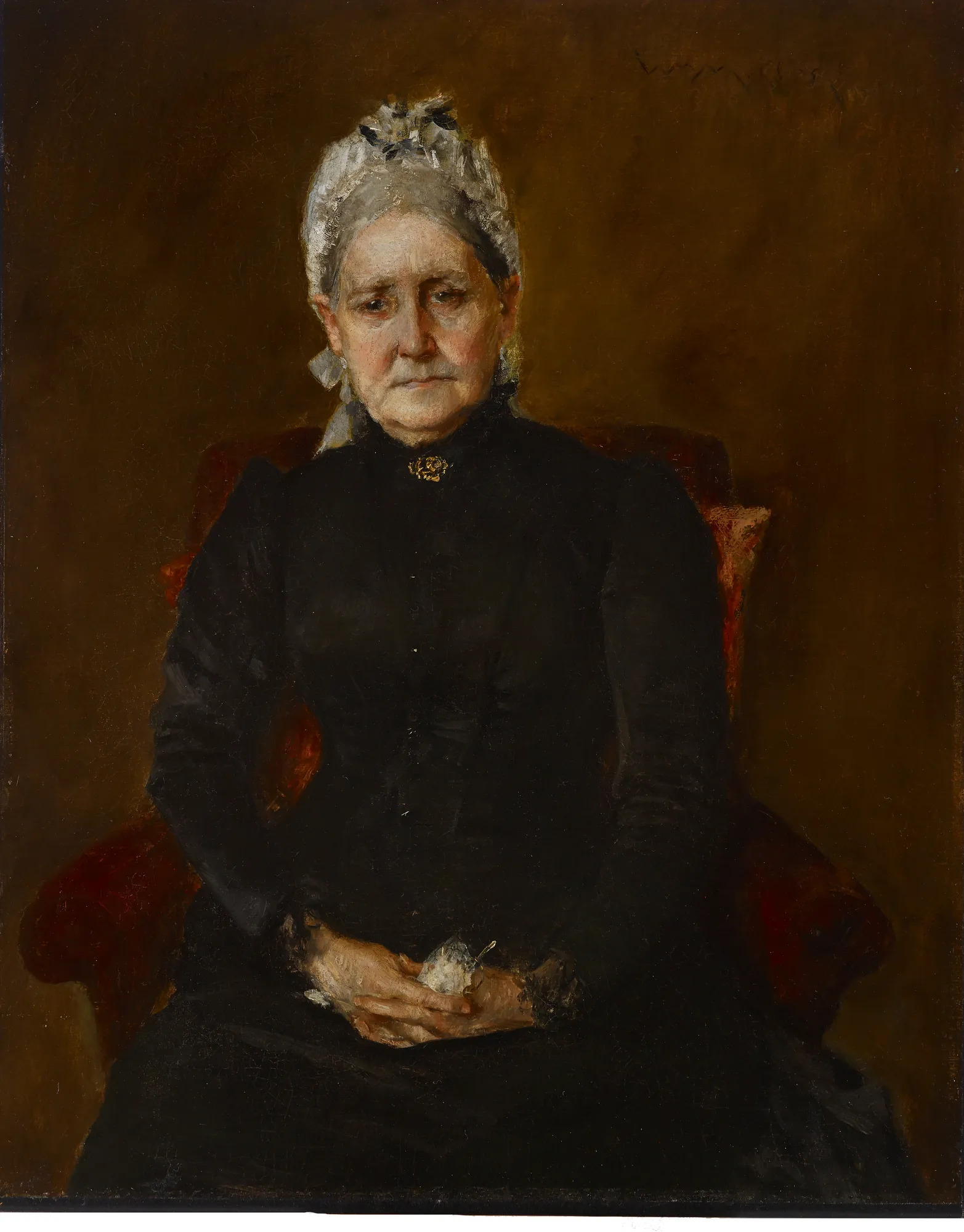 Portrait of My Mother (Sarah Swaim Chase) Portrait of My Mother (Sarah Swaim Chase) by William Merritt Chase. A formal portrait of an elderly woman wearing a black dress and a white lace cap, seated against a dark, atmospheric background.