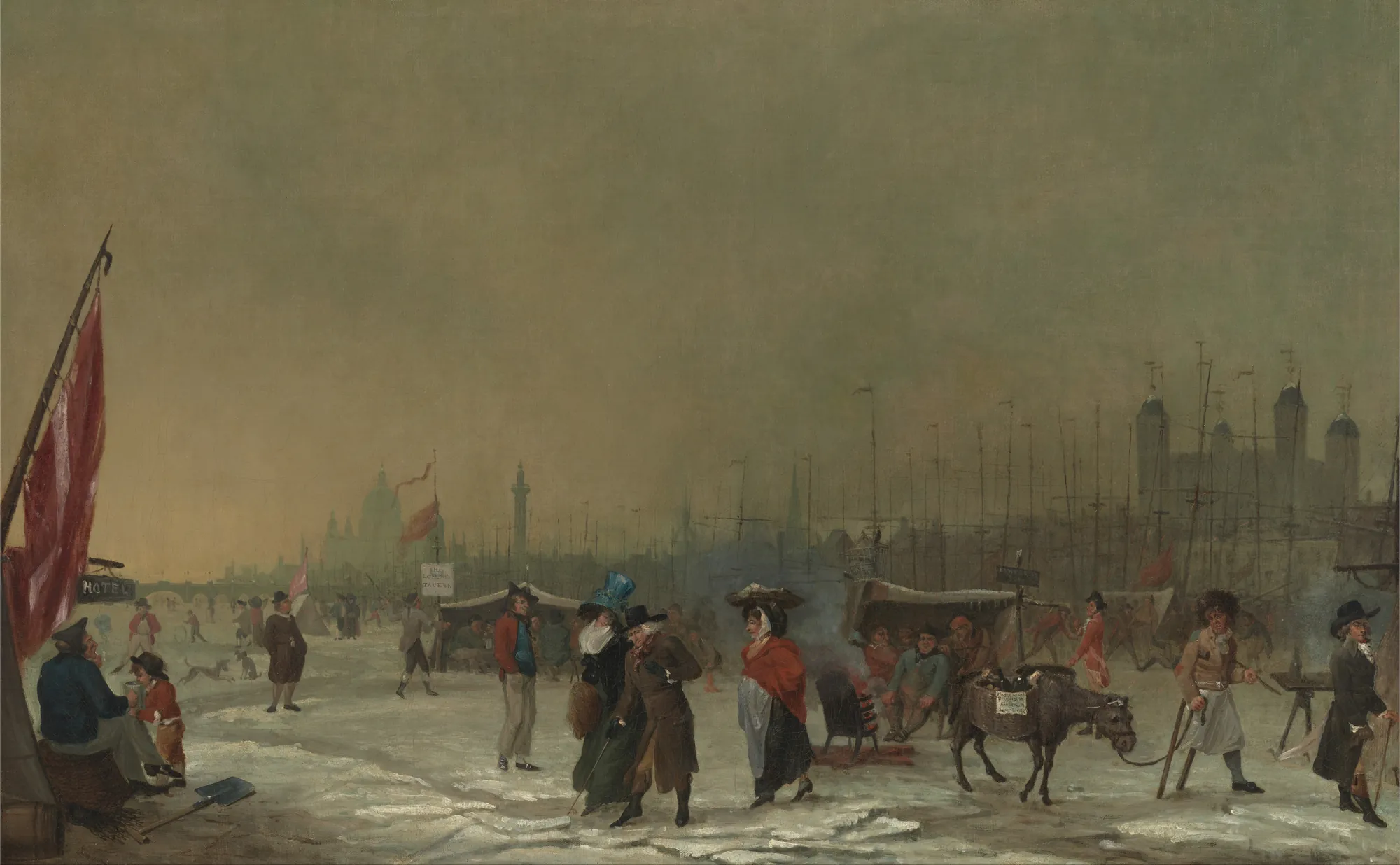 Frost on the Thames Frost on the Thames by Samuel Collings. A bustling crowd of figures in 18th-century attire gathers on the thick ice of the frozen River Thames, with the Tower of London visible through the hazy atmosphere in the background.