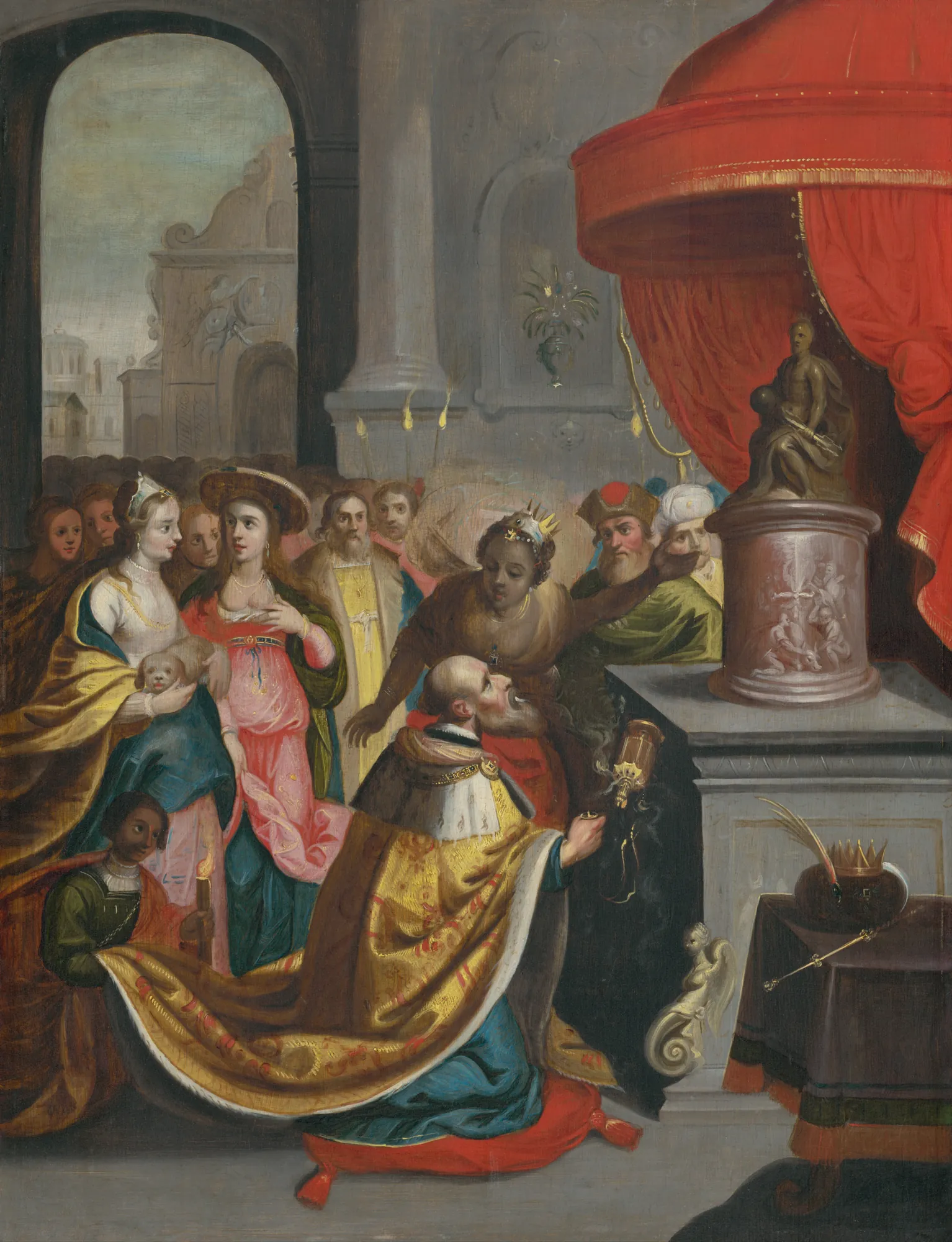 Solomon's Idolatry Solomon's Idolatry by Unknown Artist. King Solomon kneels in prayer before a golden idol situated under a crimson canopy, surrounded by figures in elaborate period dress.