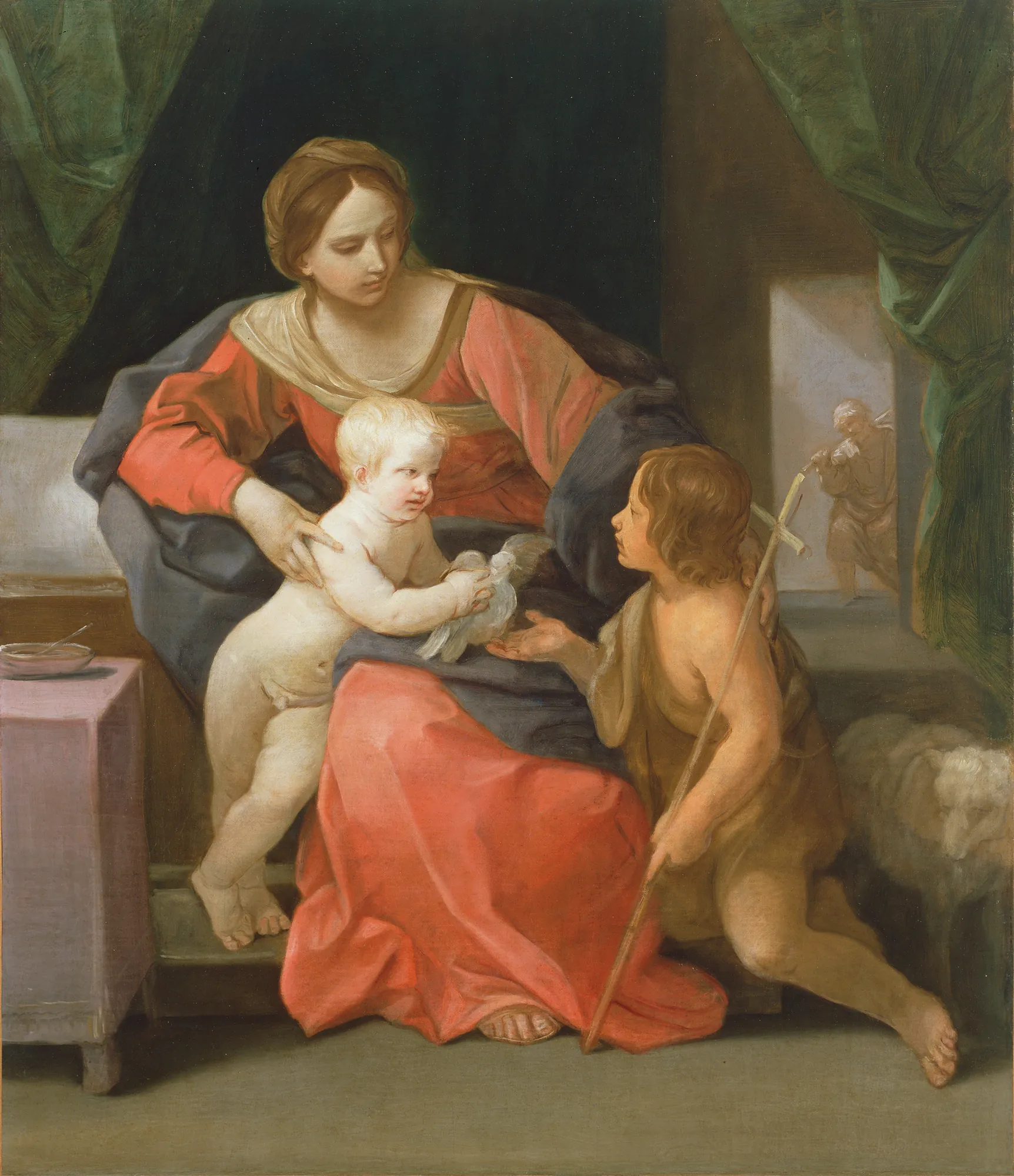 Virgin and Child with Saint John the Baptist Virgin and Child with Saint John the Baptist by Guido Reni. The Virgin Mary sits holding the Christ Child, who plays with a dove, while the young Saint John the Baptist kneels beside them.