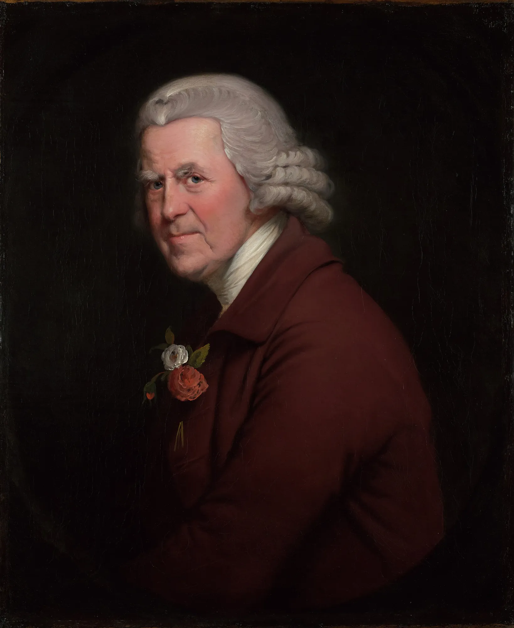 Portrait of Old John Portrait of Old John by Joseph Wright of Derby. A bust-length oil portrait of an elderly man with powdered hair wearing a dark reddish-brown coat with a rose boutonniere against a dark background.