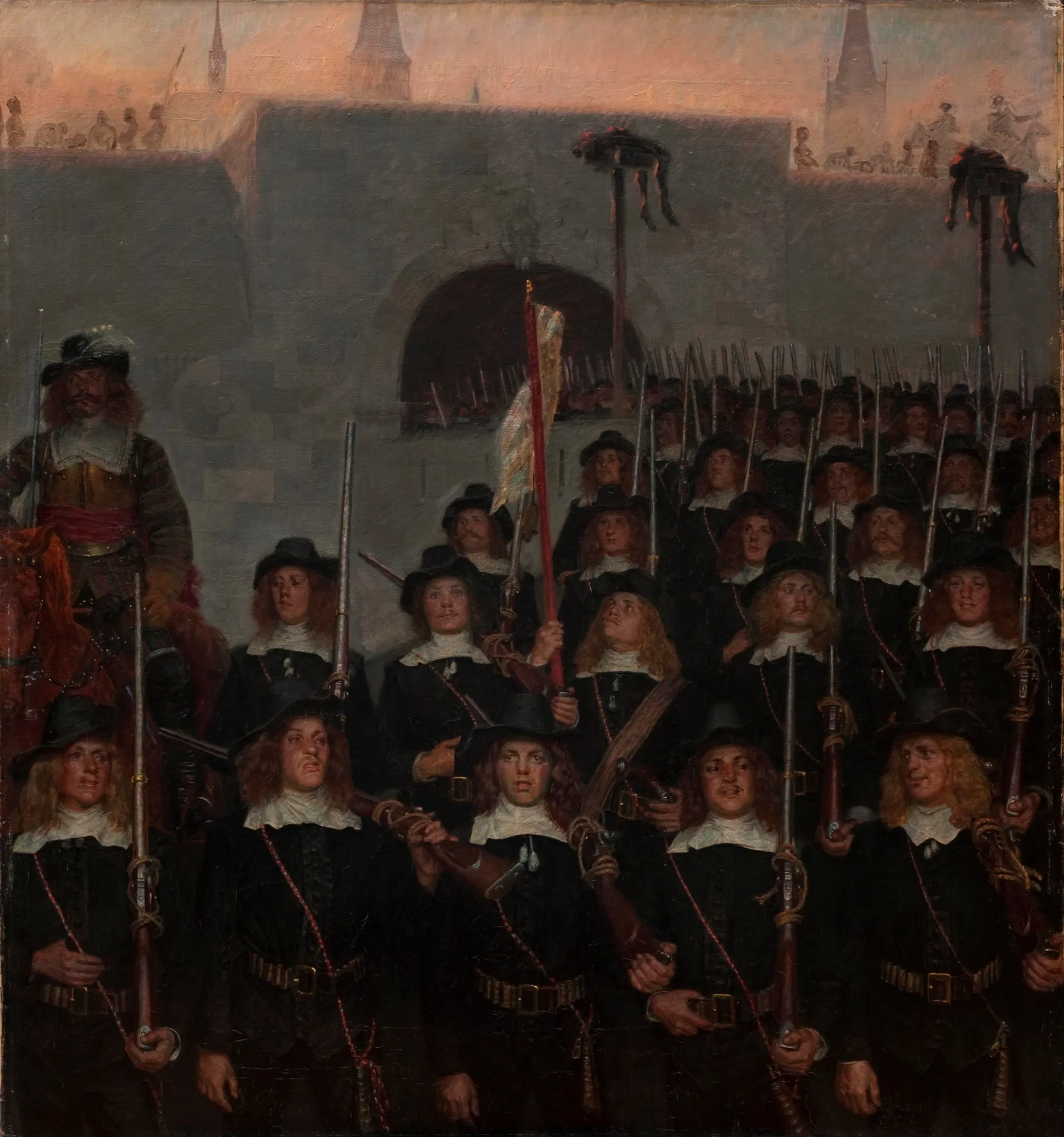 Students Leave to Defend Copenhagen in 1658 Students Leave to Defend Copenhagen in 1658 by Kristian Zahrtmann. A dense formation of students in 17th-century black attire and white collars march forward with muskets before high city walls.
