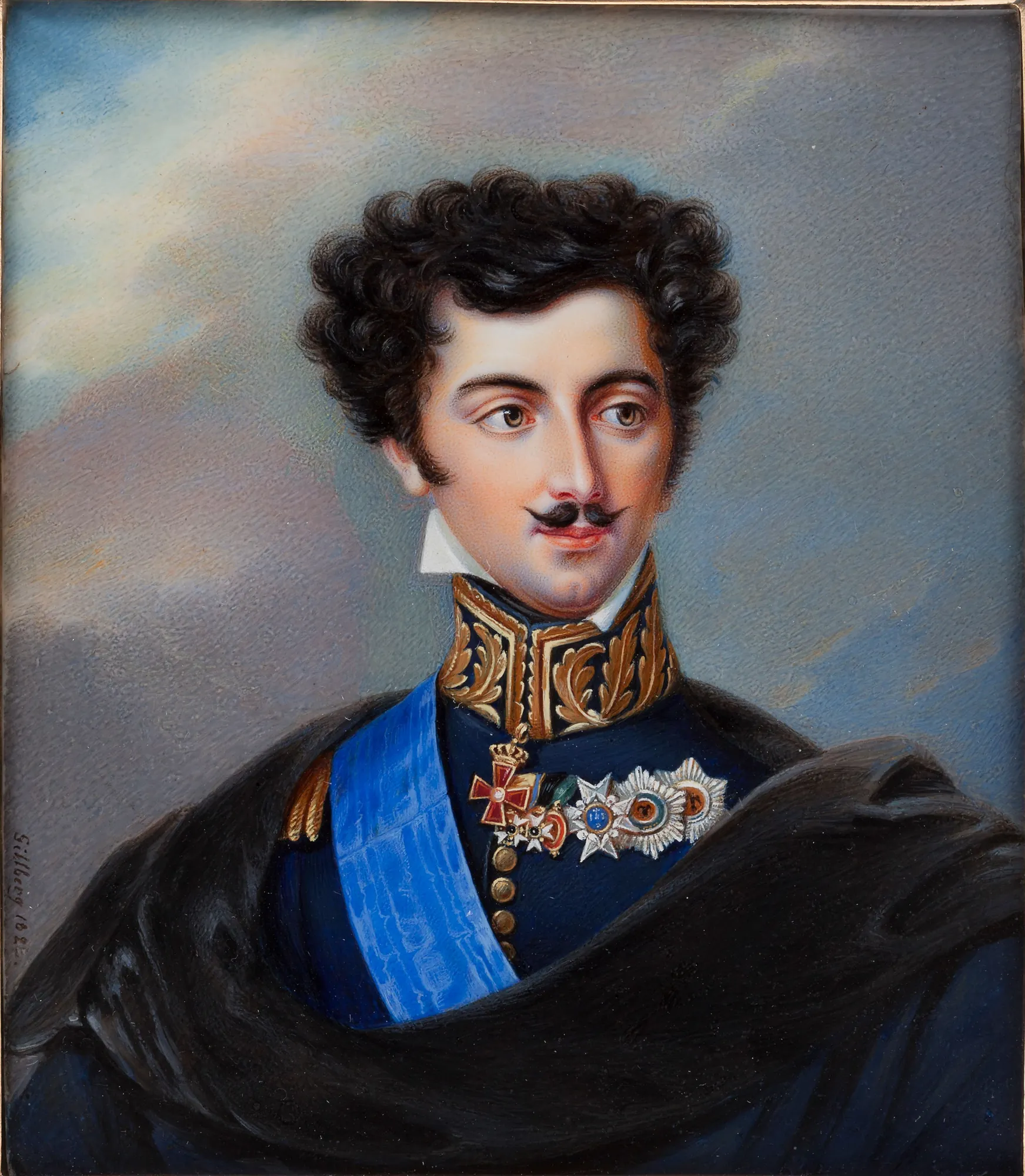 Oskar I as Crownprince Oskar I as Crownprince by Jacob Axel Gillberg. A regal 19th-century portrait of a young man with dark curly hair and a mustache, dressed in a dark blue military uniform with a bright blue sash and numerous medals.