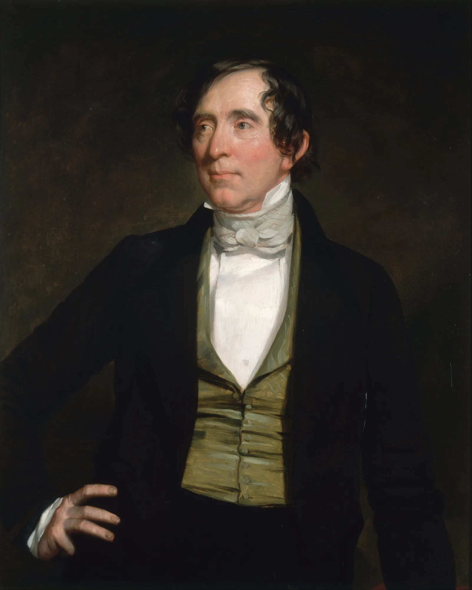 William C. Preston William C. Preston by George Peter Alexander Healy. A three-quarter length portrait of a middle-aged man with dark wavy hair, wearing a black frock coat, a greenish patterned waistcoat, and a white cravat against a dark, atmospheric background.