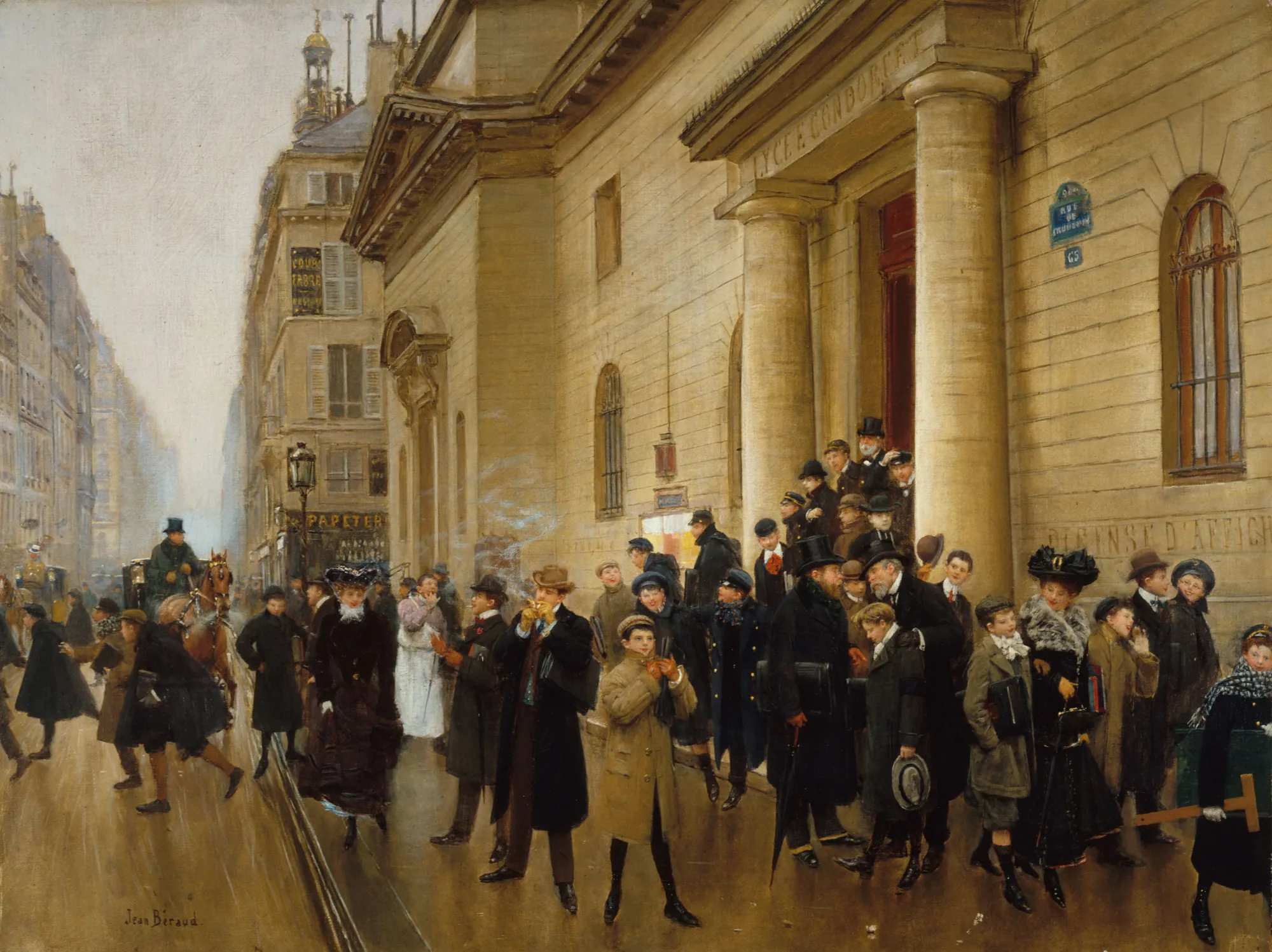 La sortie du lycée Condorcet La sortie du lycée Condorcet by Jean Béraud. A bustling street scene in Paris depicting a crowd of students and pedestrians exiting the Lycée Condorcet building.