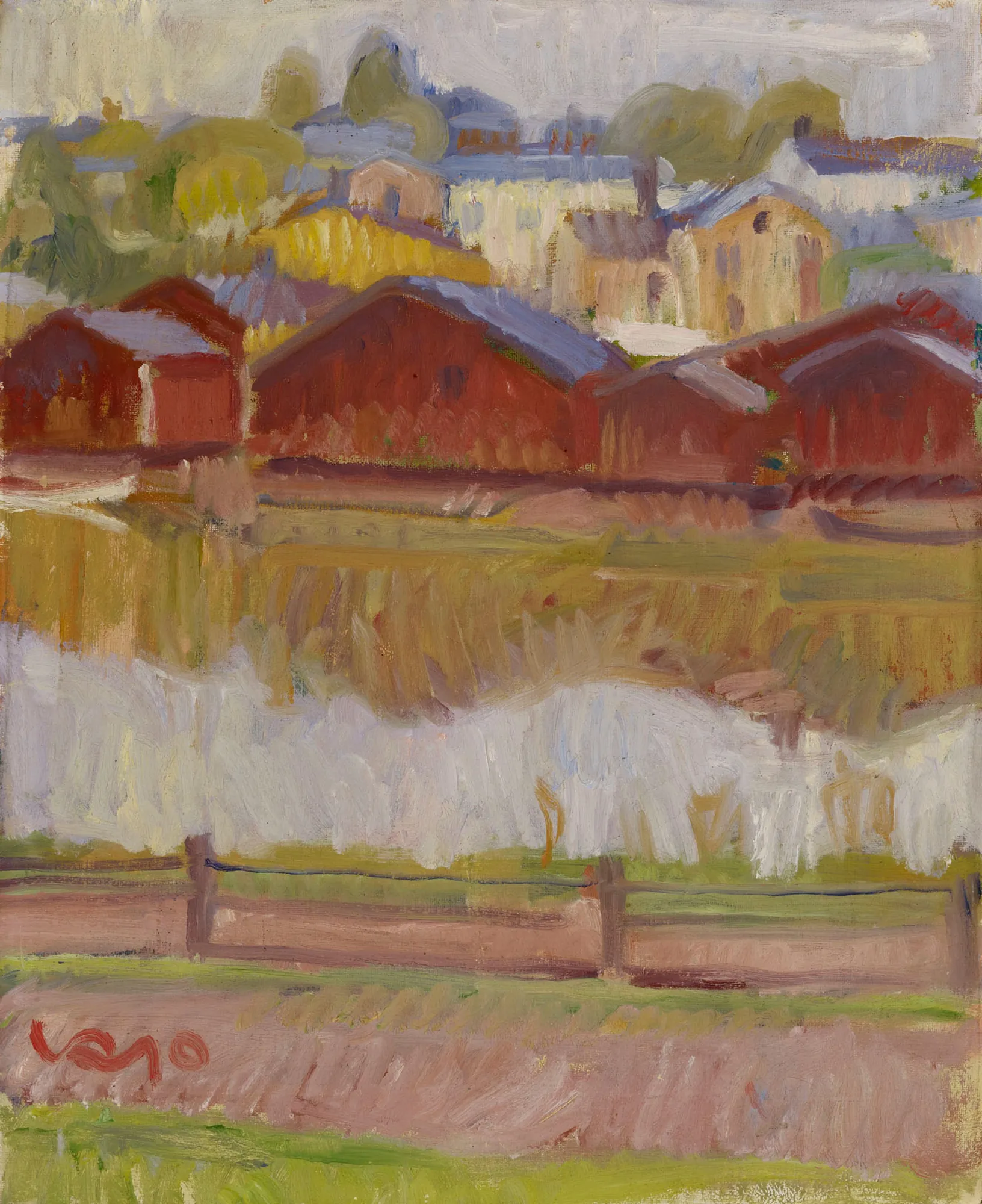 Shore Sheds in Porvoo Shore Sheds in Porvoo by Valle Rosenberg. A painterly landscape depicting a row of red wooden warehouses along a riverbank with a town rising in the background.
