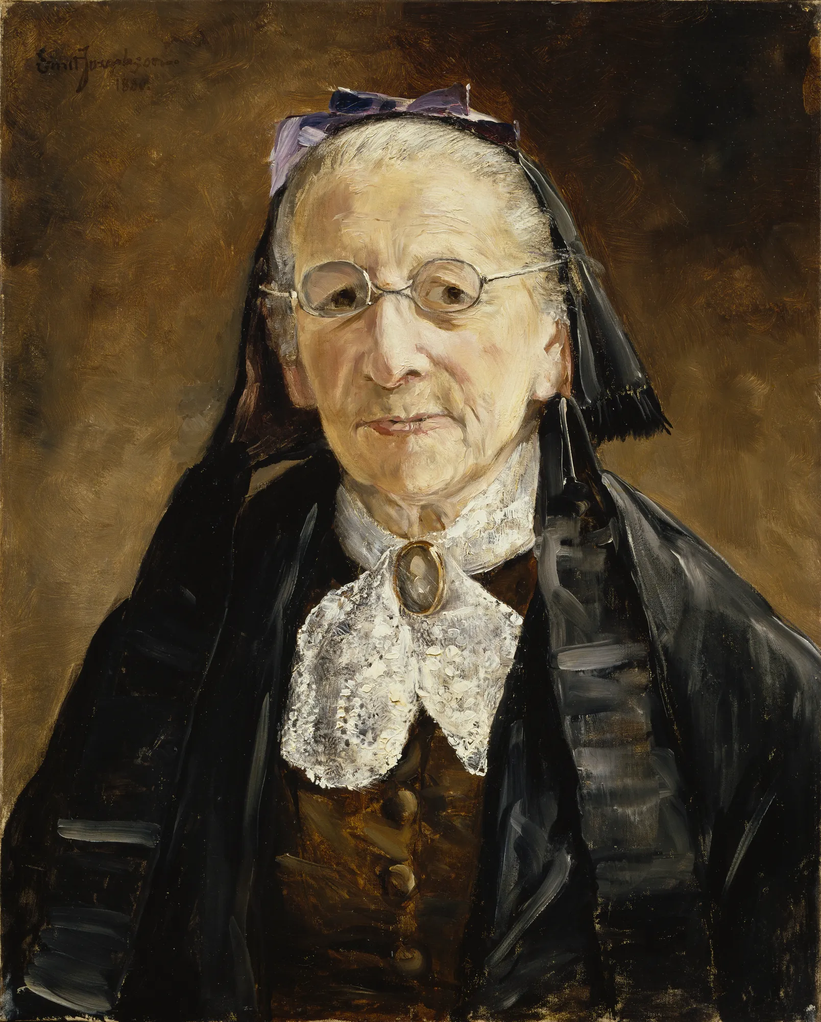 Mrs Hanna Marcus Mrs Hanna Marcus by Ernst Josephson. A realist oil portrait of an elderly woman wearing silver-rimmed spectacles, a dark head covering, and an elaborate white lace collar fastened with a brooch.