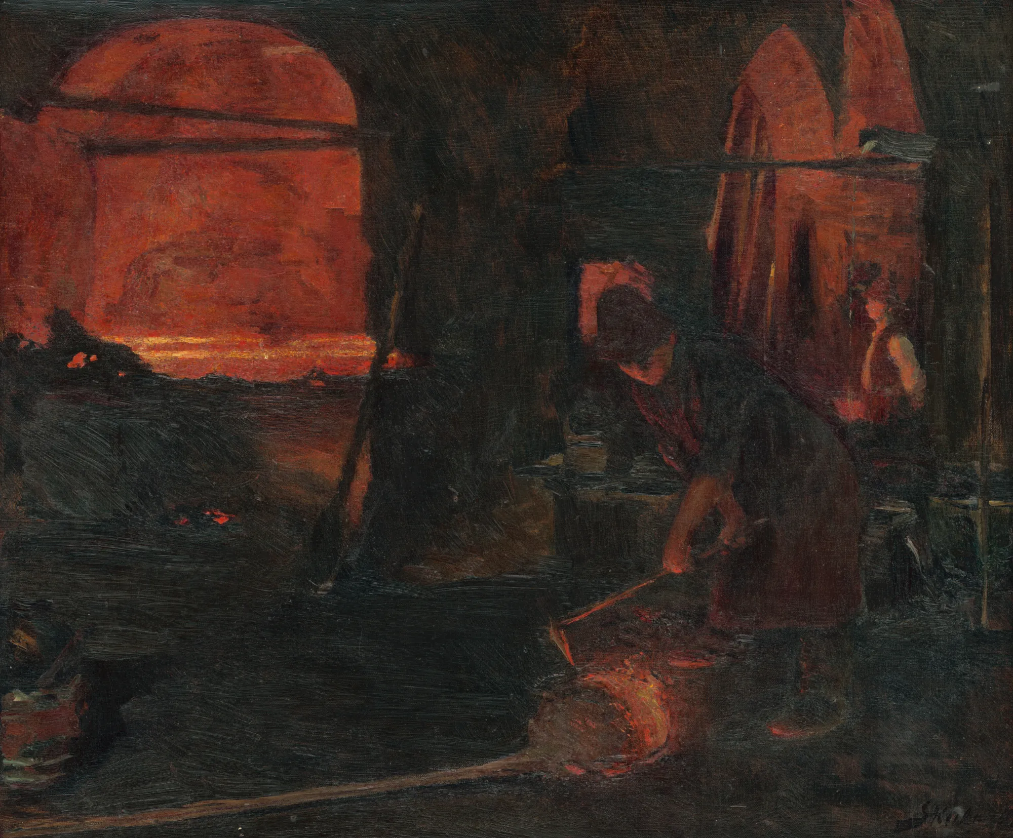 Scene from a Hammer Mill Scene from a Hammer Mill by Döme Skuteczky. A dark, atmospheric interior scene of a forge where a worker bends over glowing metal illuminated by the orange light of a large furnace.