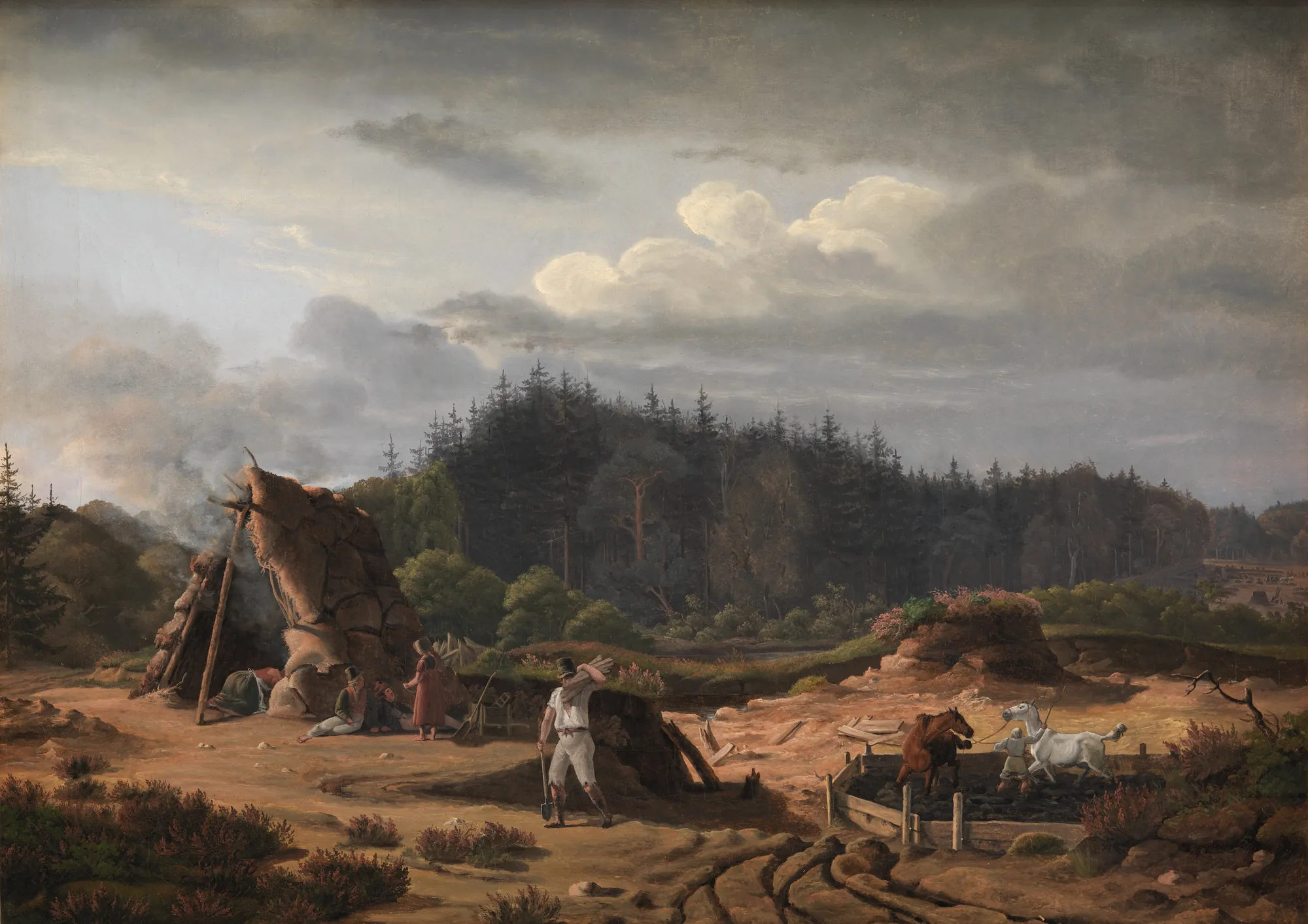 A Bog with Peat Cutters, Høsterkøb A Bog with Peat Cutters, Høsterkøb by Fritz Petzholdt. Peat workers labor in a sunlit bog beside a makeshift hut, set against a dense forest and a dramatic, clouded sky.