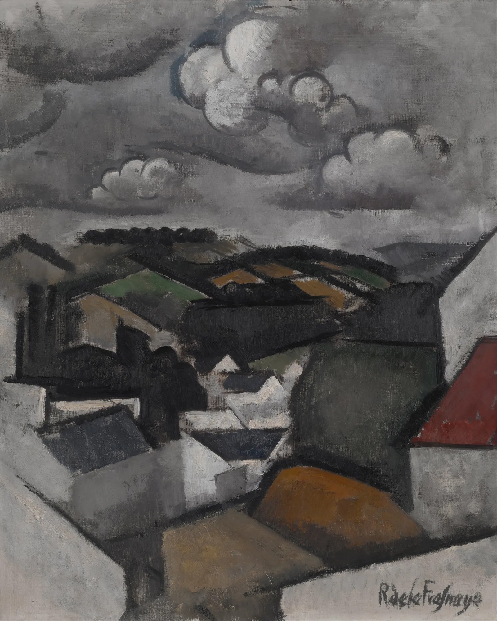 Landscape with a Village, The Hills Beyond Meulan Landscape with a Village, The Hills Beyond Meulan by Roger de La Fresnaye. A semi-abstracted view of a village nestled at the base of rolling hills under a dramatic, cloud-filled sky.