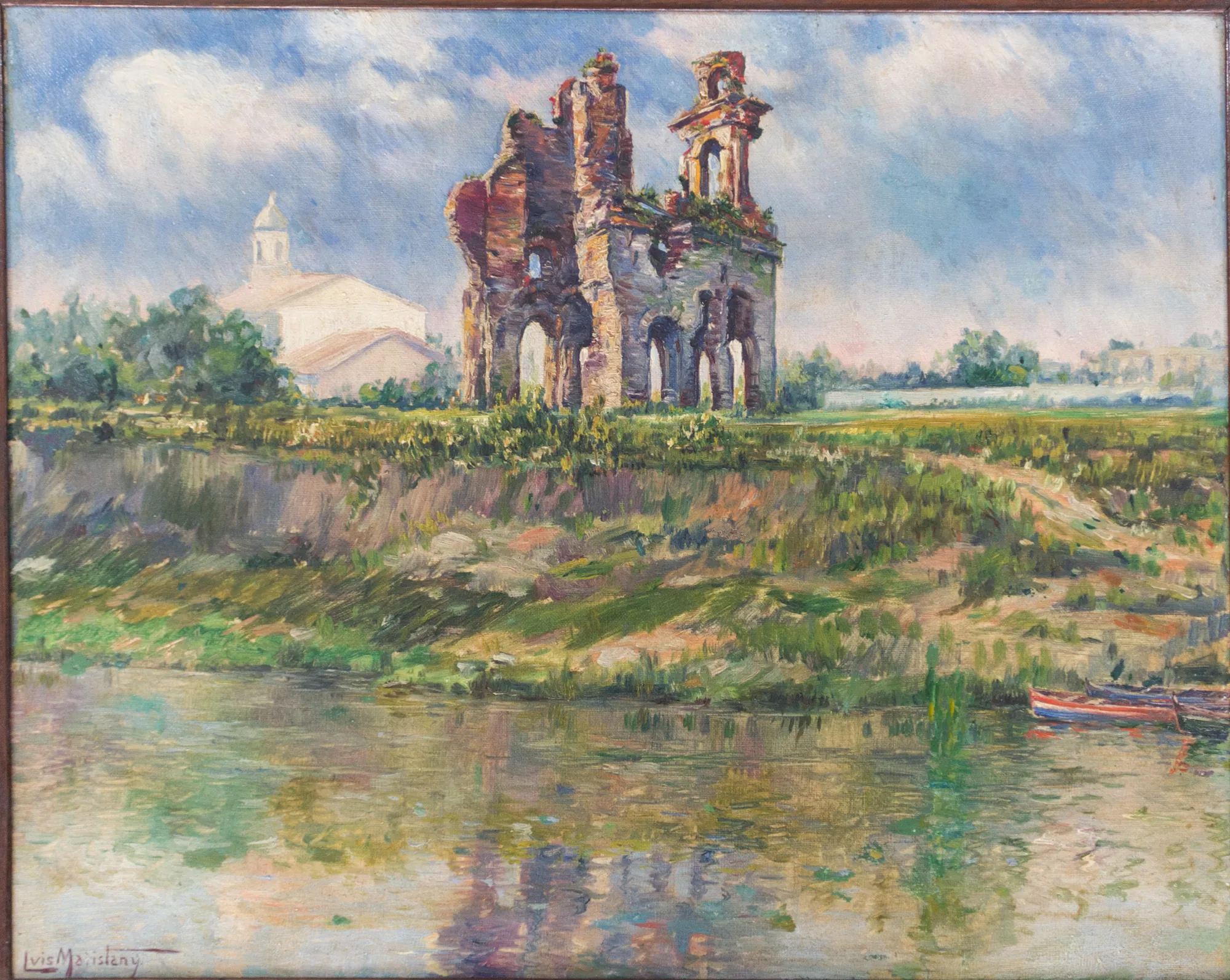 Ruínas de Humaitá Ruínas de Humaitá by Luís Maristany de Trias. An impressionistic oil painting of brick ruins standing on a grassy riverbank under a bright, cloudy sky.