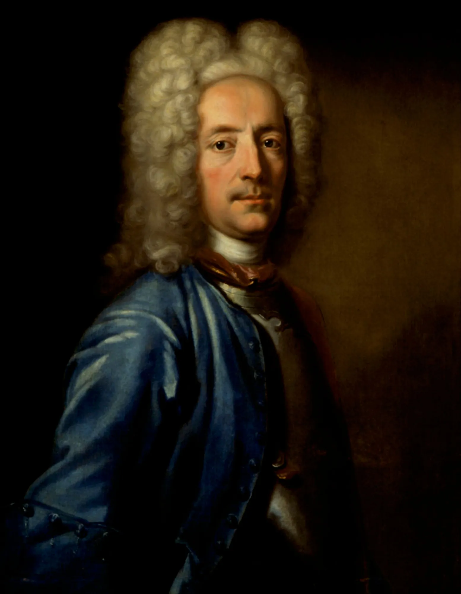 Colonel Henrik Falkenberg af Bålby Colonel Henrik Falkenberg af Bålby by Johan Henrik Scheffel. A half-length portrait of a man with a large powdered wig wearing a vibrant blue coat and breastplate armor against a dark background.