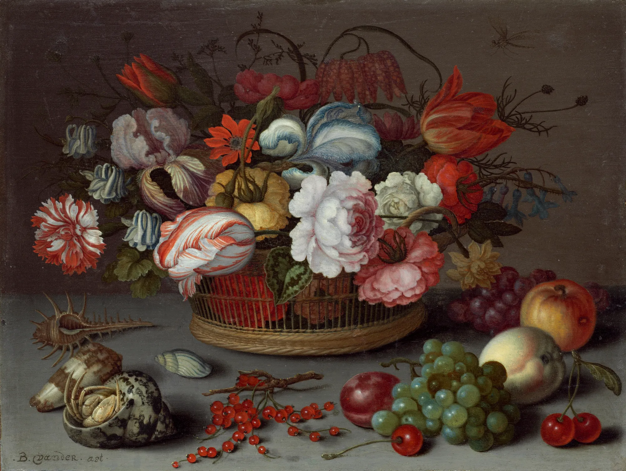 Basket of Flowers Basket of Flowers by Balthasar van der Ast. An abundant floral arrangement in a wicker basket sits on a stone ledge surrounded by fruit, berries, and several exotic seashells.