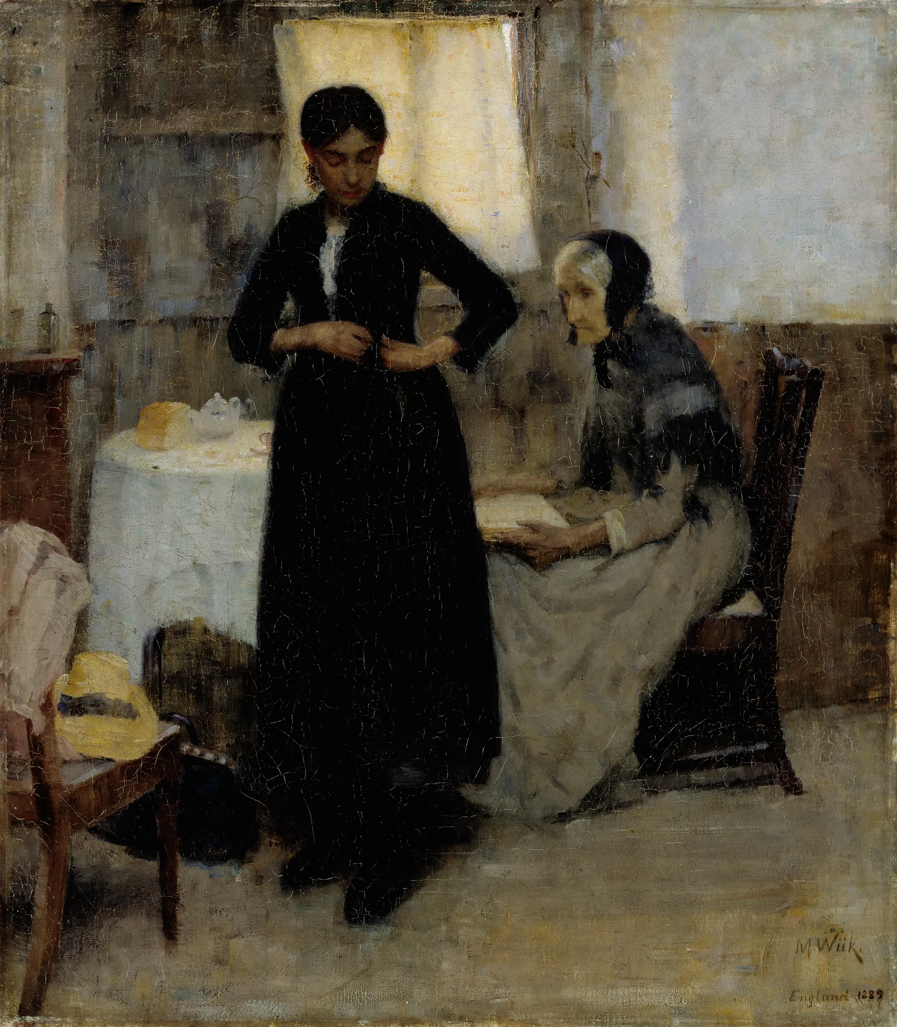 Out into the World Out into the World by Maria Wiik. A young woman in a long black dress stands adjusting her bodice while an elderly woman in a bonnet sits reading nearby in a dimly lit room.