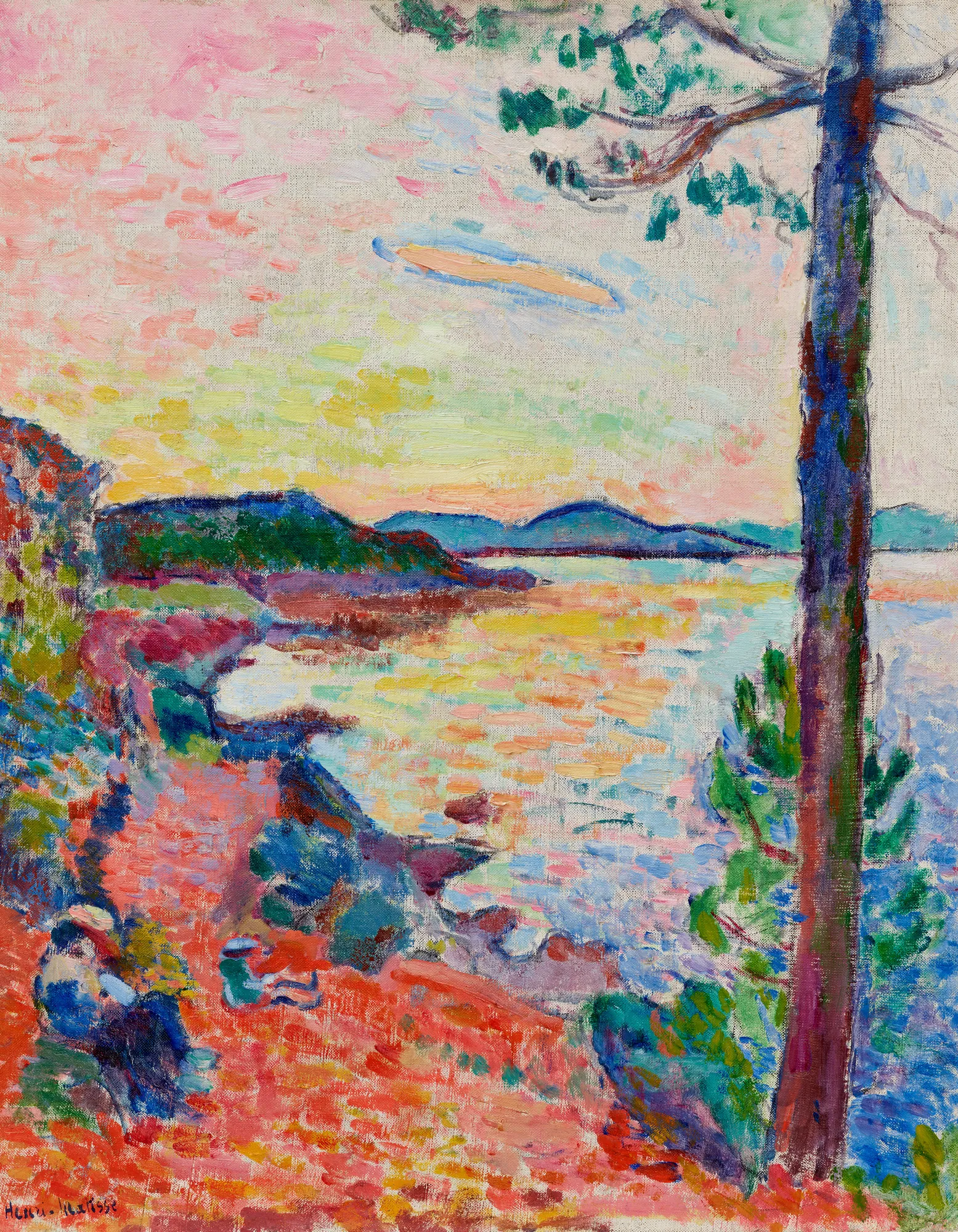 The Bay of Saint-Tropez The Bay of Saint-Tropez by Henri Matisse. A vibrant Fauvist landscape featuring a tall pine tree on the right foreground overlooking a sun-drenched bay painted in pink, yellow, and blue strokes.