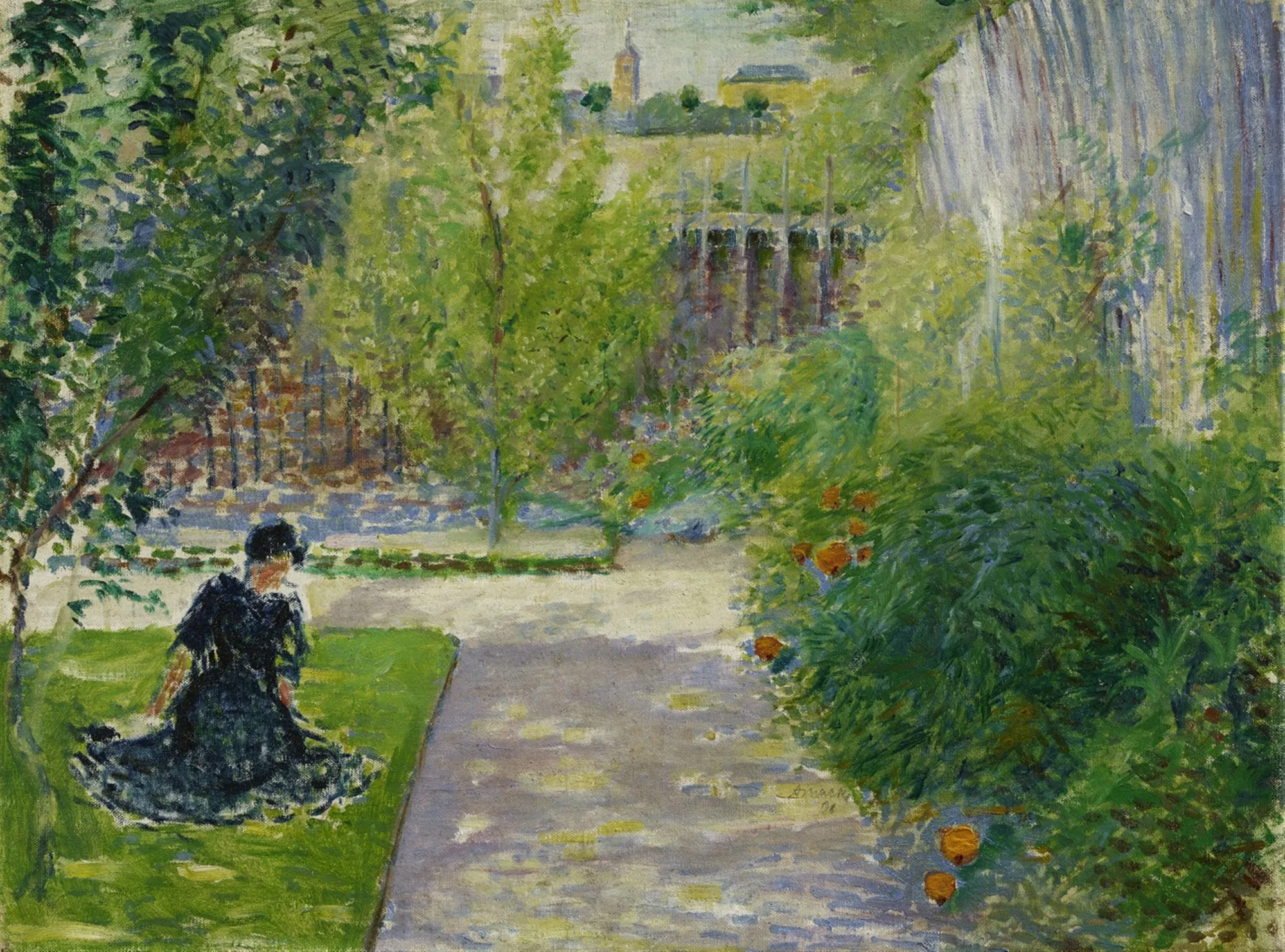 Sonniger Garten (Sunny Garden) Sonniger Garten (Sunny Garden) by August Macke. An impressionistic oil painting of a sunlit garden featuring a woman in a dark dress sitting on a lawn near flowering bushes and a garden path.