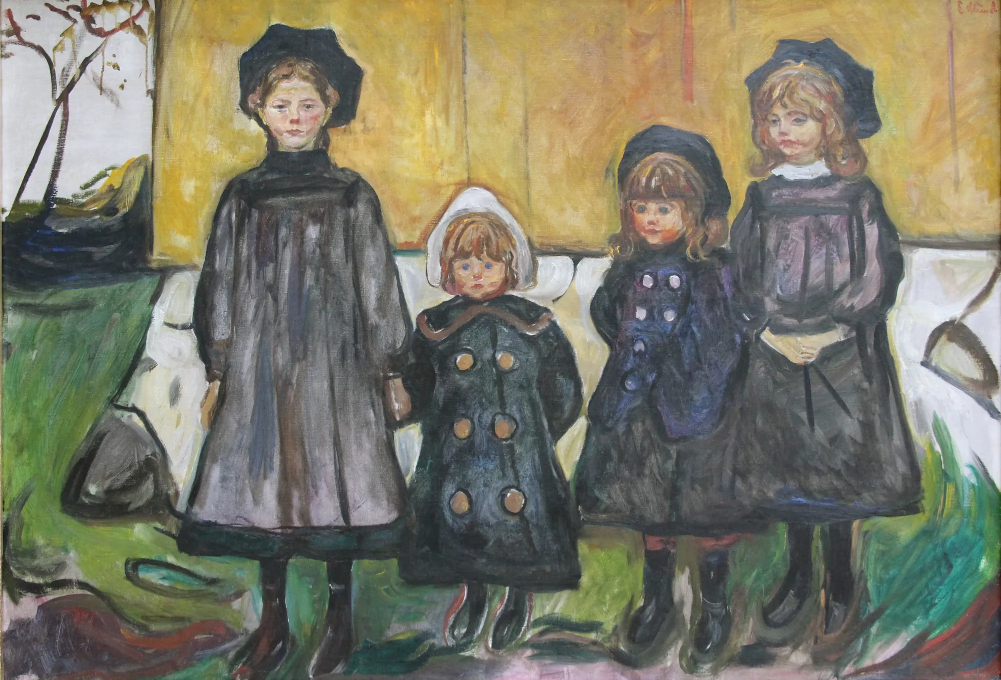 Four Girls in Åsgårdstrand Four Girls in Åsgårdstrand by Edvard Munch. Four young girls stand in a row outdoors, wearing dark overcoats and hats against a bright yellow background and green grass.