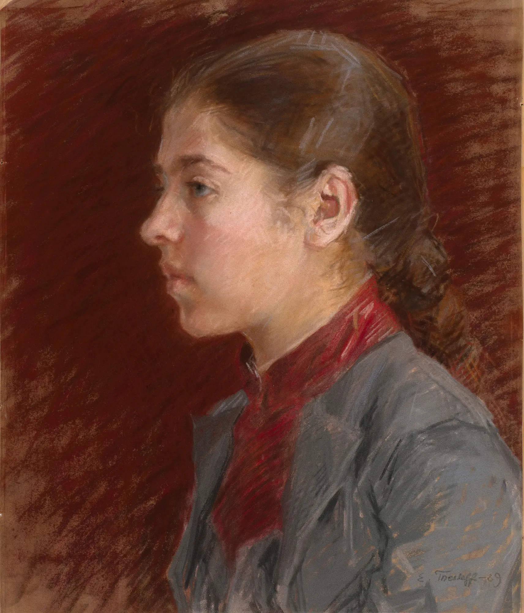 The Artist's Sister, Gerda Thesleff The Artist's Sister, Gerda Thesleff by Ellen Thesleff. A profile portrait of a young woman with dark hair tied back, wearing a grey jacket over a red garment, set against a textured dark reddish-brown background.