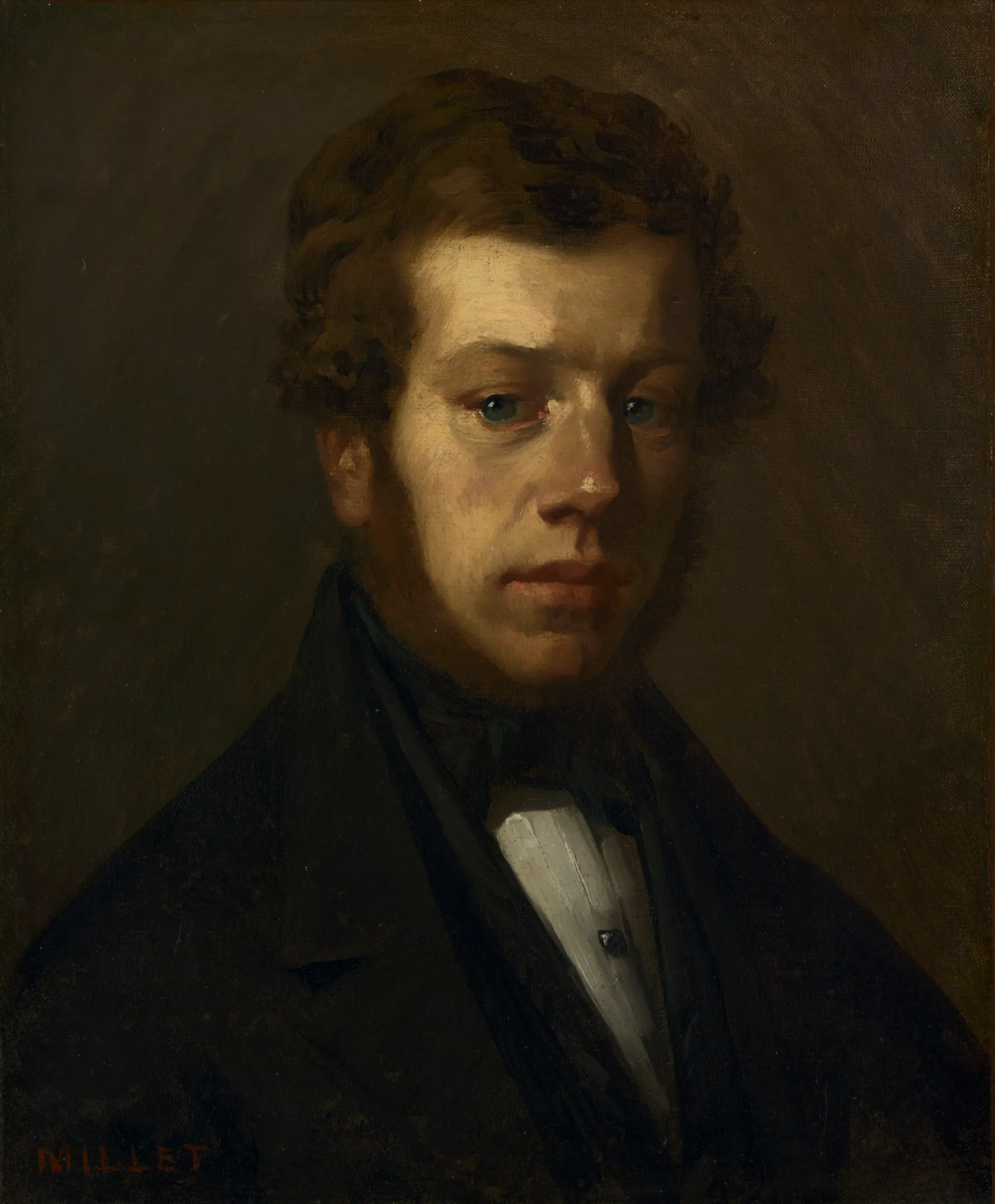 Monsieur Martin Monsieur Martin by Jean-François Millet. A close-up portrait of a young man with wavy brown hair and sideburns, dressed in a dark coat and cravat against a shadowy background.