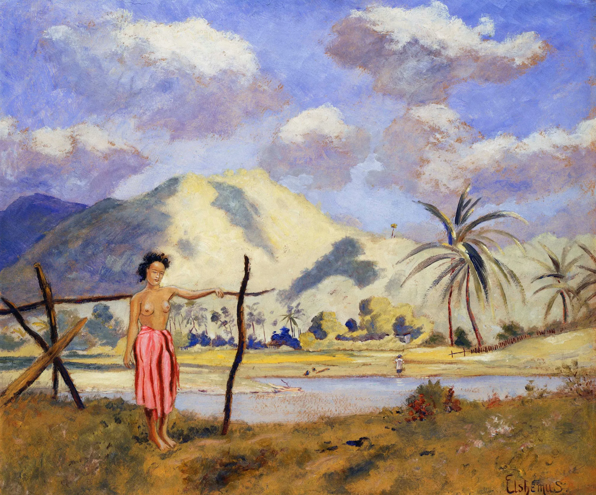 Samoa Samoa by Louis Eilshemius. A partially nude woman in a pink wrap stands by a rustic fence before a lush Samoan landscape of mountains, palm trees, and a winding river under a cloudy blue sky.