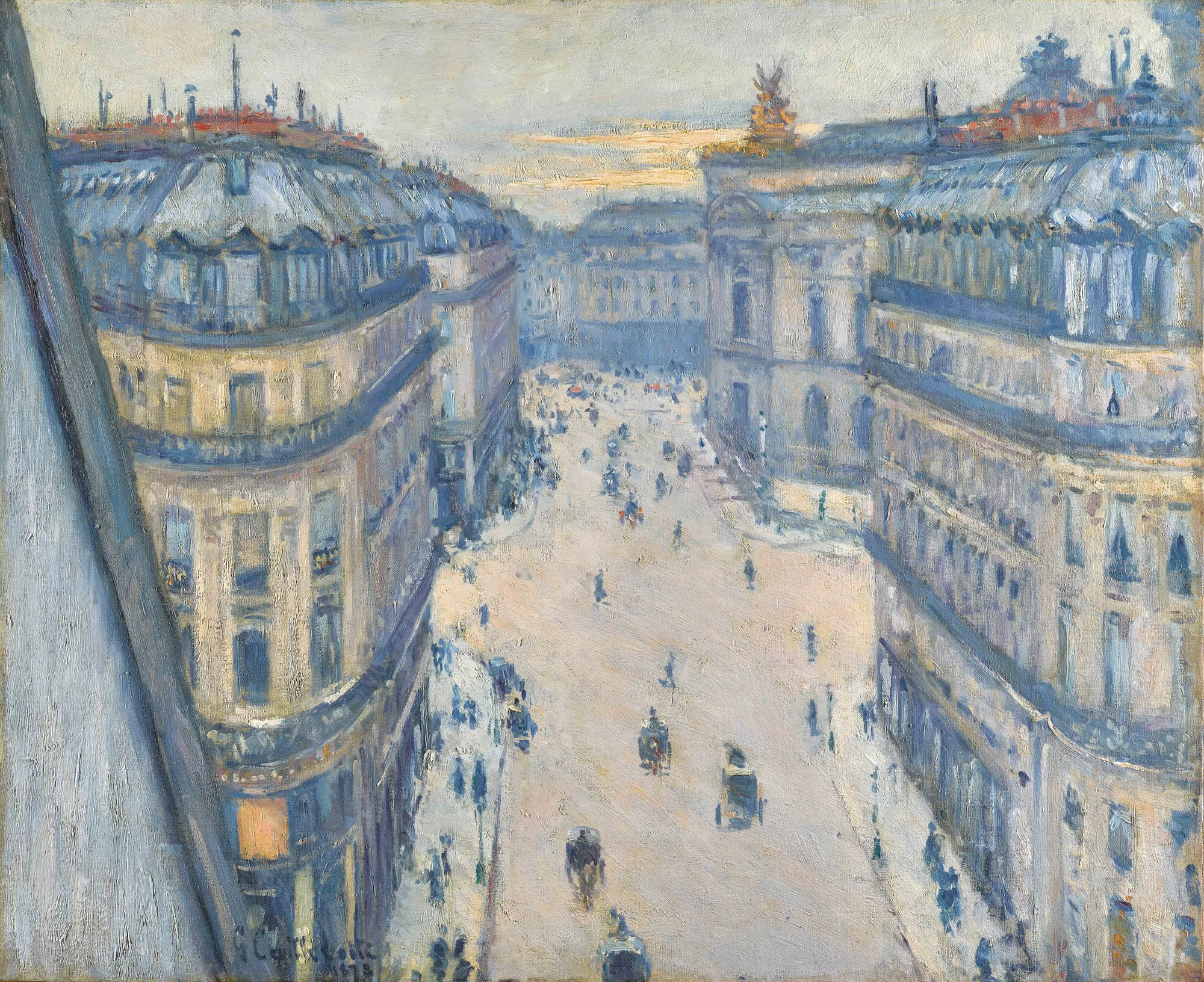 Rue Halévy, View from the Seventh Floor Rue Halévy, View from the Seventh Floor by Gustave Caillebotte. An Impressionist cityscape looking down upon a bustling Parisian street with horse-drawn carriages and classic Haussmann-style architecture.