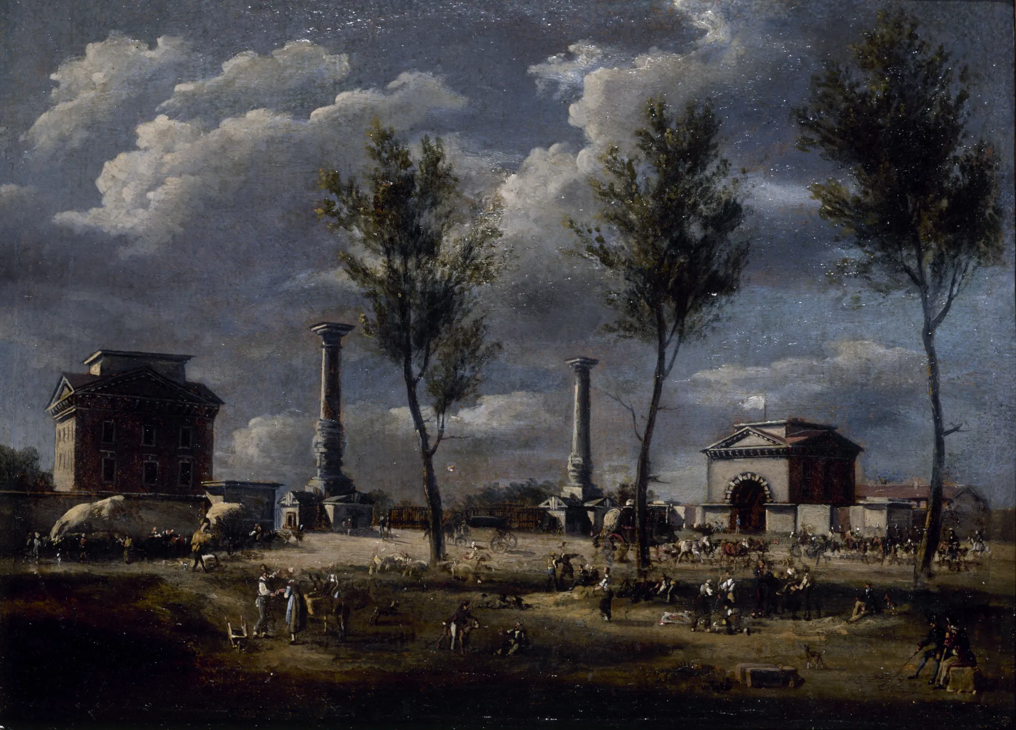 La Barrière du Trône La Barrière du Trône by Unknown Artist. A busy Parisian cityscape featuring two neoclassical pavilions and tall columns under a dramatic, cloud-filled sky.