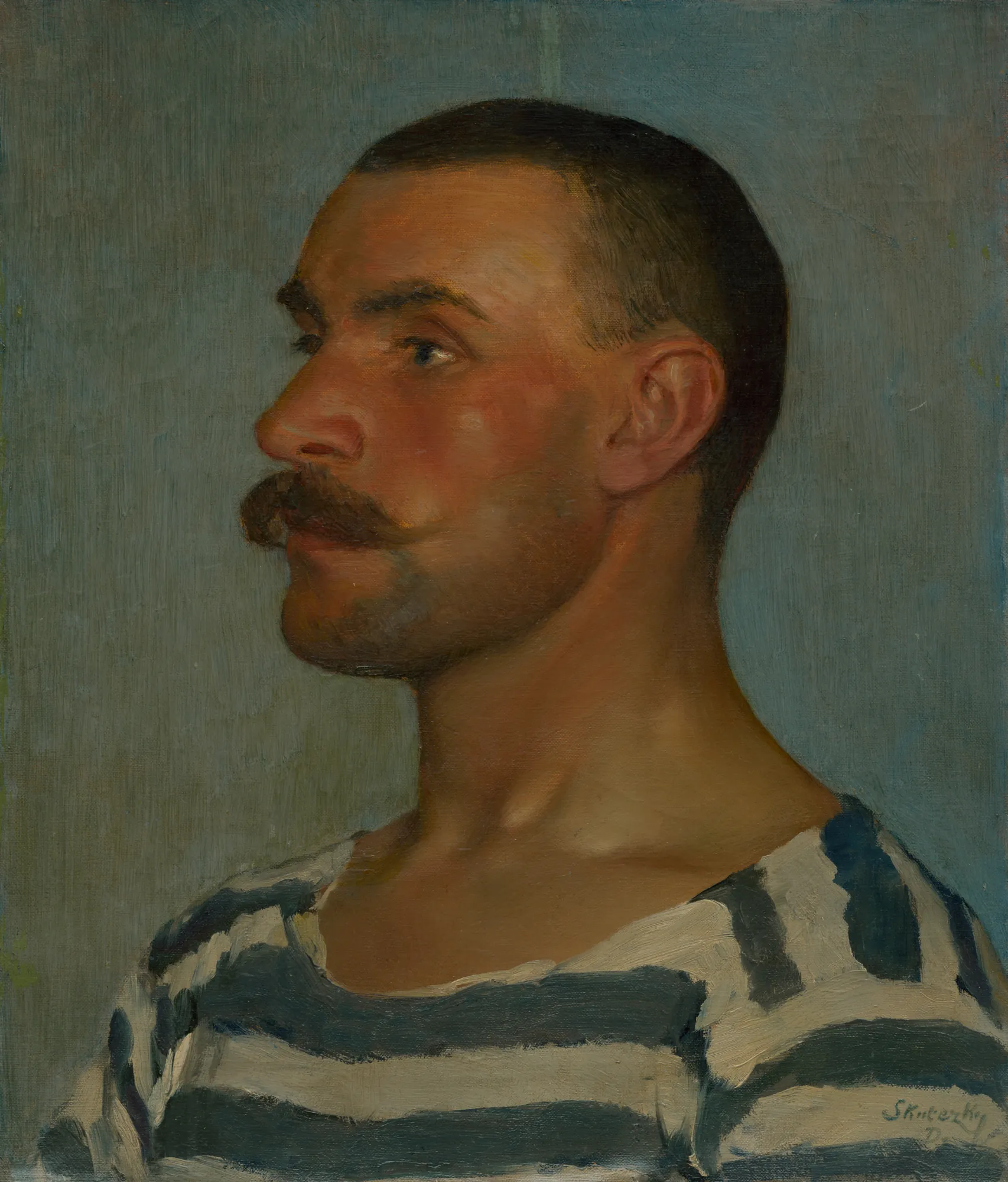 Study of a Gondolier's Head Study of a Gondolier's Head by Döme Skuteczky. A realist oil portrait showing a man with a mustache in profile, wearing a blue and white striped shirt against a muted blue background.