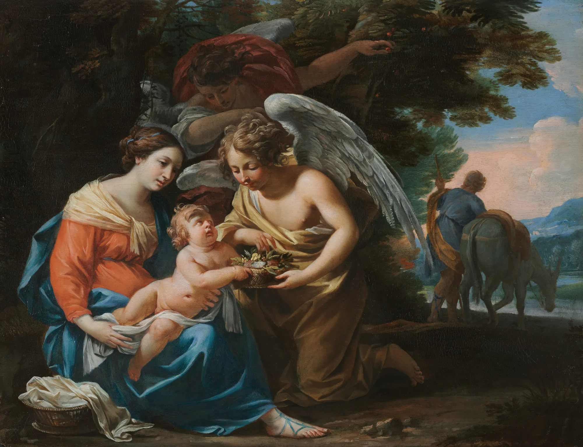 Rest on the Flight into Egypt Rest on the Flight into Egypt by Charles Poerson. The Virgin Mary sits with the Christ child while a kneeling angel offers a basket of flowers under a canopy of trees.