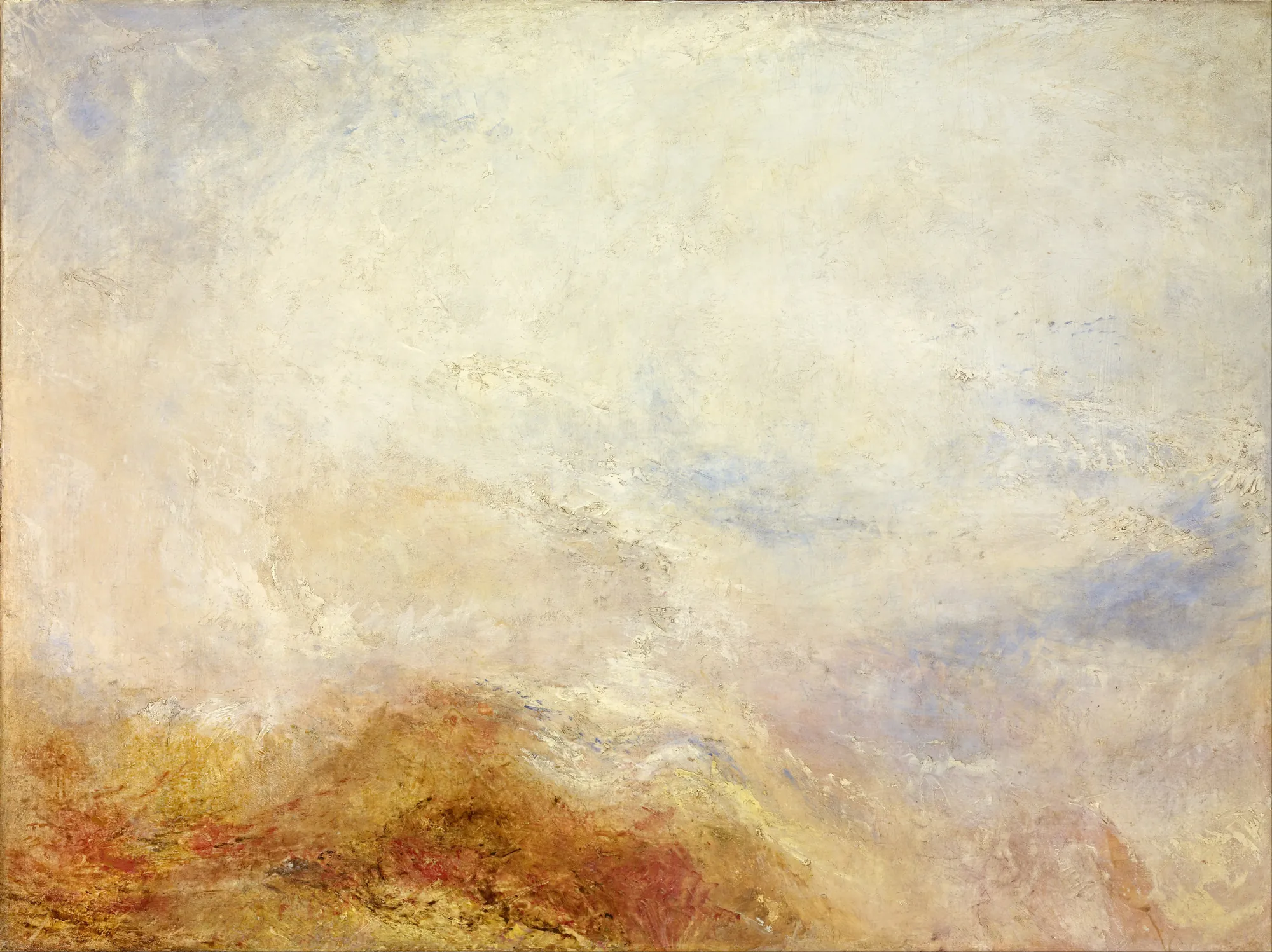Falls of Schaffhausen (Val d’Aosta) Falls of Schaffhausen (Val d’Aosta) by J. M. W. Turner. An atmospheric landscape painting of a mountain scene dissolved into a haze of pale gold, cream, and soft ochre mist.