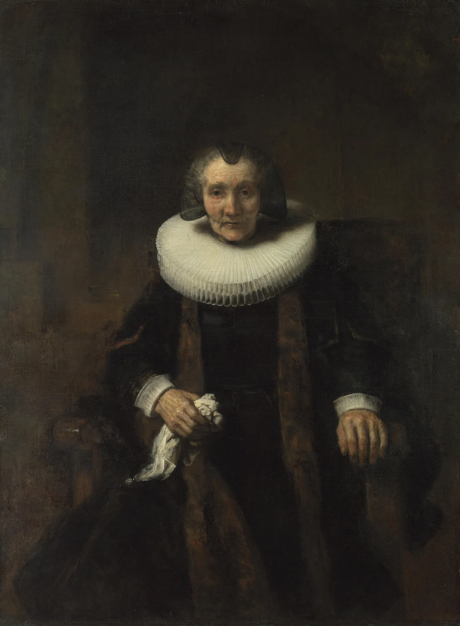 Portrait of Margaretha de Geer Portrait of Margaretha de Geer by Rembrandt. An elderly woman with a large white pleated ruff collar and dark, fur-trimmed clothing sits against a dark, atmospheric background.