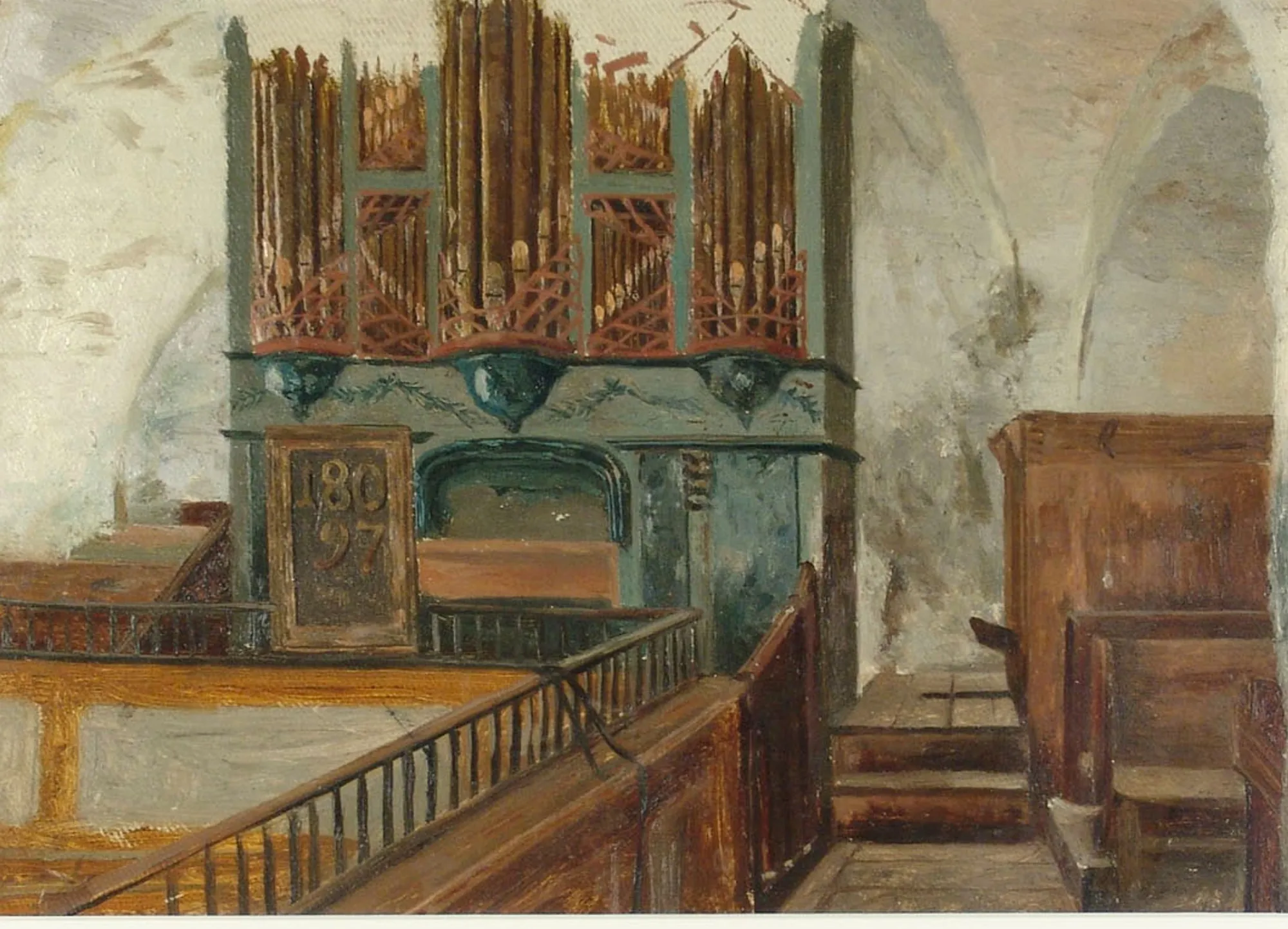 Finström Church Organ Study Finström Church Organ Study by Karl Jansson. An oil study depicting a grand pipe organ situated within a vaulted church interior with wooden balconies.