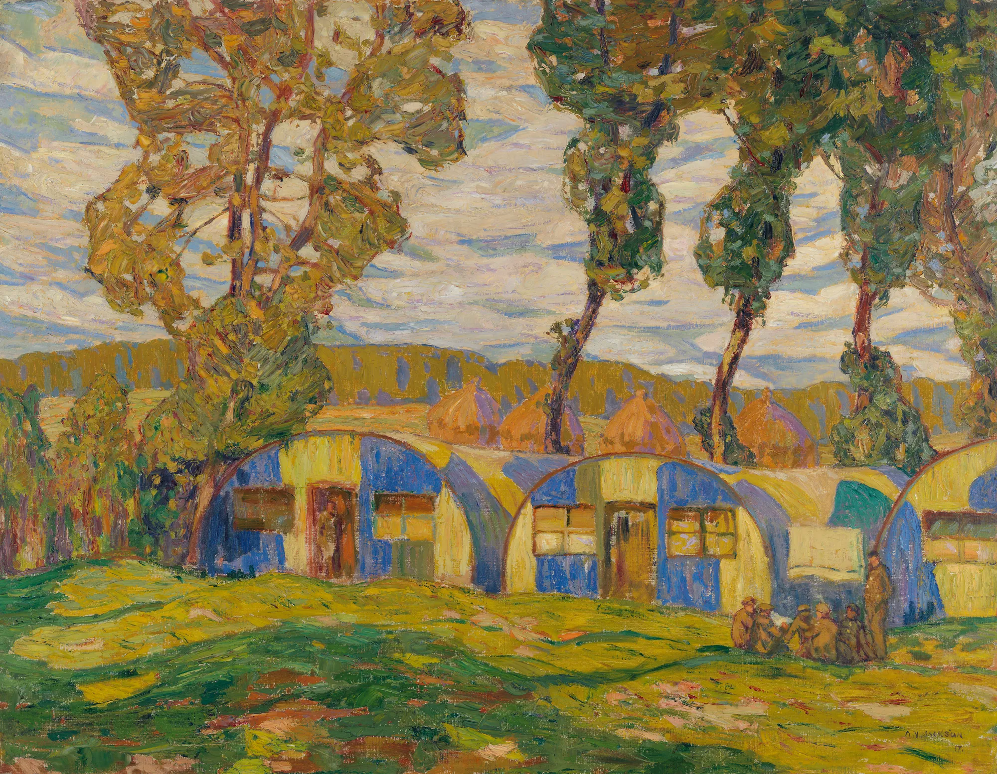 Camouflage Huts, Villers-au-Bois Camouflage Huts, Villers-au-Bois by A. Y. Jackson. A landscape featuring a row of blue and yellow camouflaged Nissen huts situated in a green field beneath tall, slender trees with soldiers resting nearby.