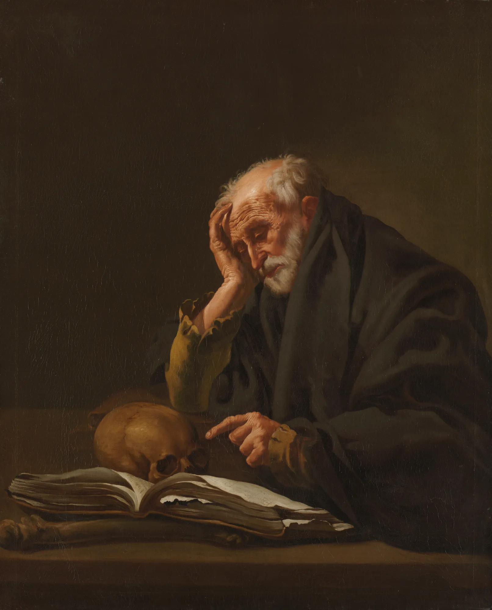 Saint Jerome Saint Jerome by Hendrick ter Brugghen. An elderly man in dark robes contemplates a skull and an open book by dramatic candlelight in a dark room.
