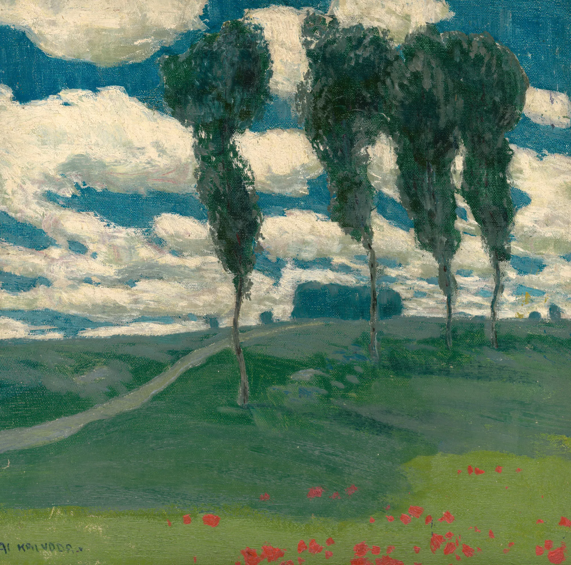 Spring Landscape with Poplar Trees Spring Landscape with Poplar Trees by Alois Kalvoda. Tall, slender poplar trees stand on a lush green hill under a vibrant blue sky filled with large white clouds.
